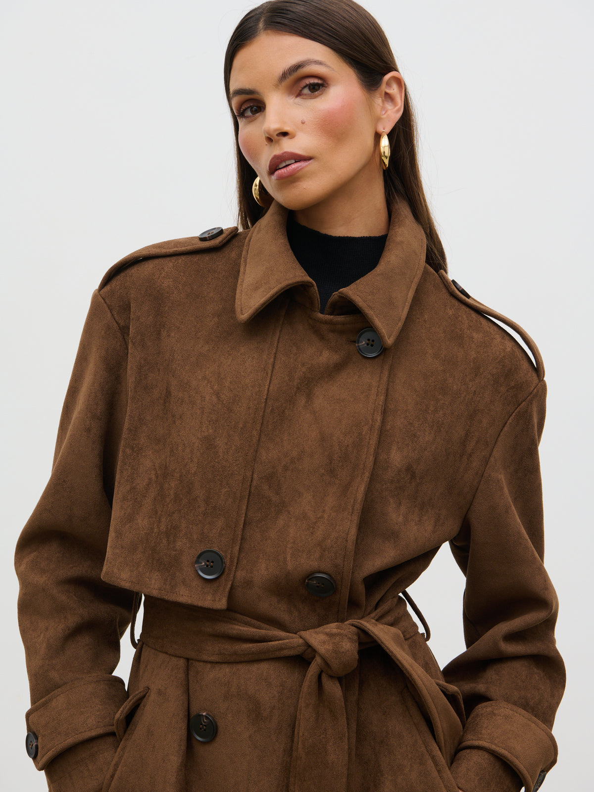 Agnes Longline Faux Suede Trench Coat - Chocolate Brown – Pretty 
