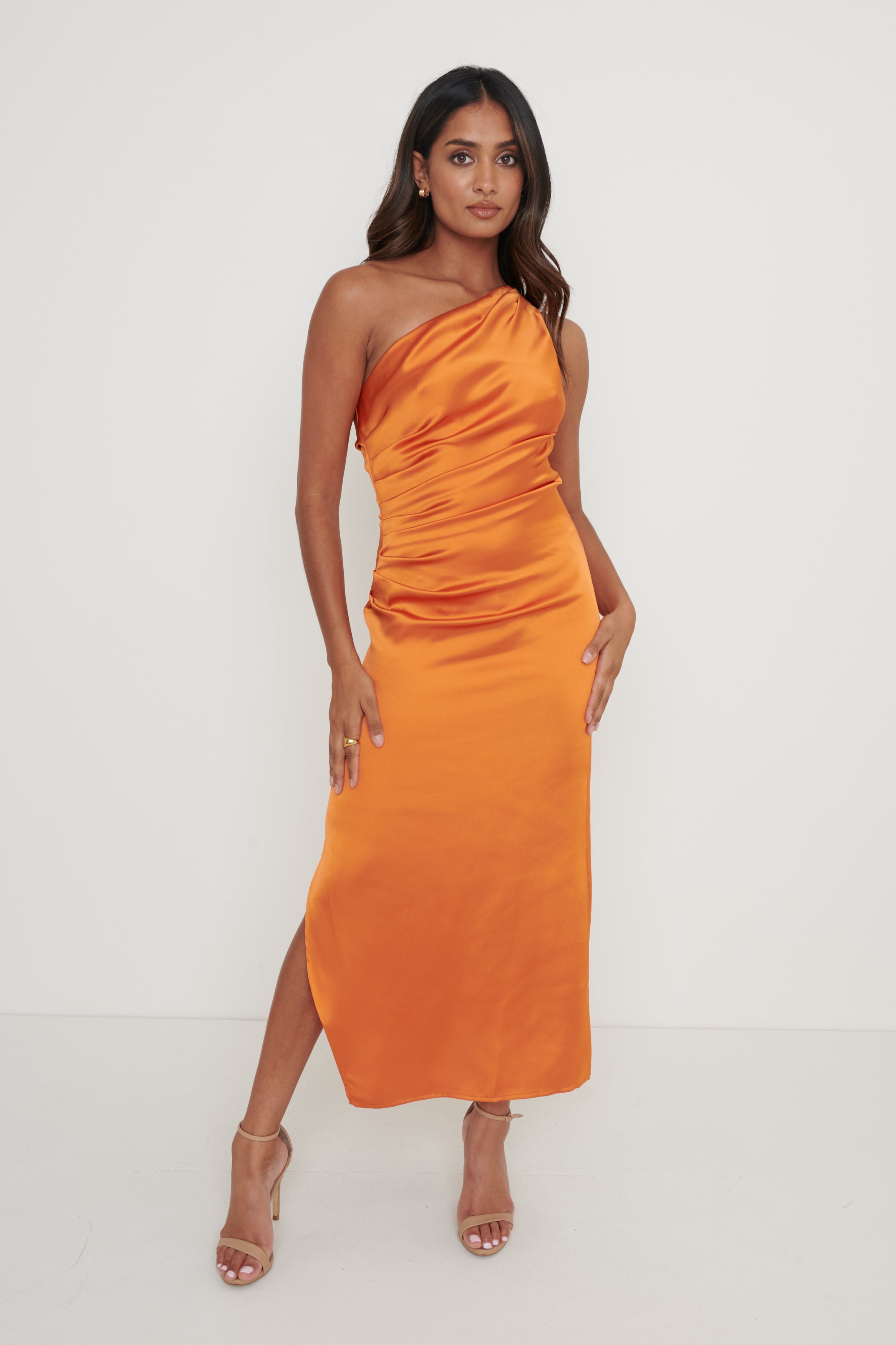 Amelia One Shoulder Ruched Satin Dress - Orange