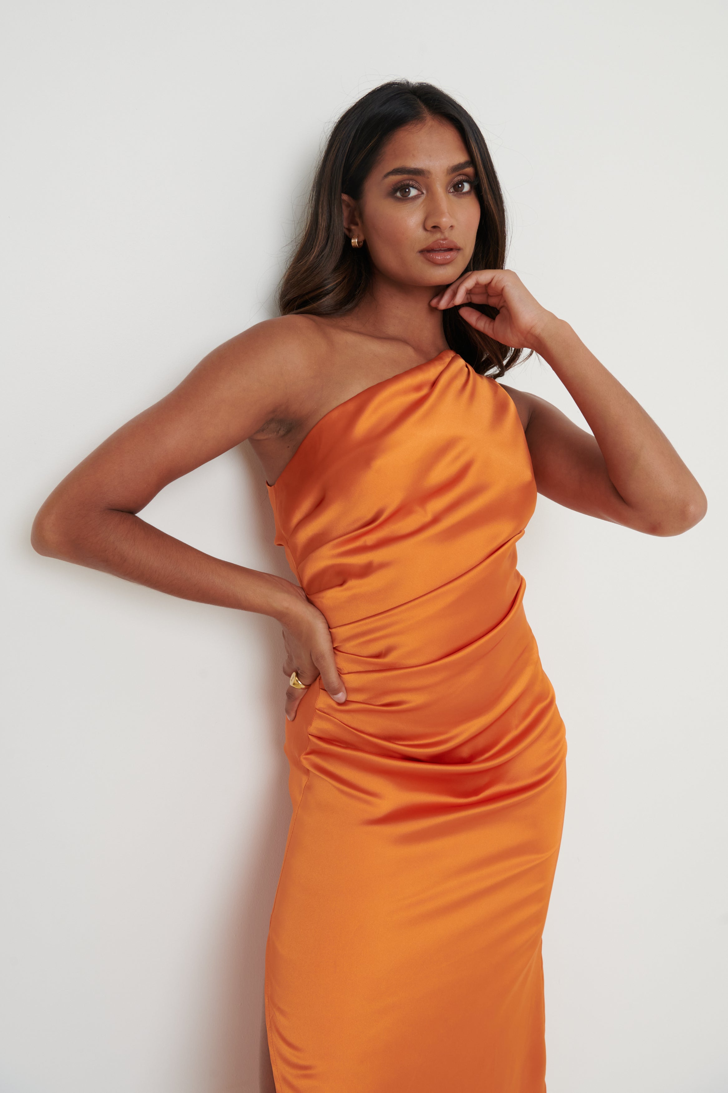 Amelia One Shoulder Ruched Satin Dress - Orange