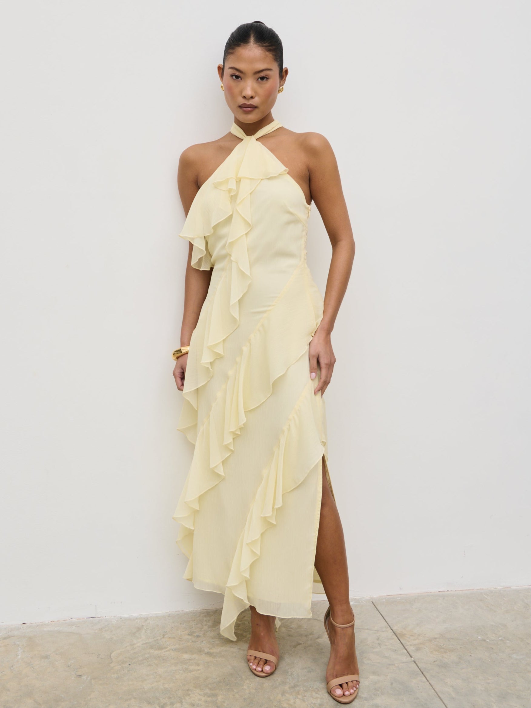 Aria Halterneck Ruffle Midaxi Dress - Lemon