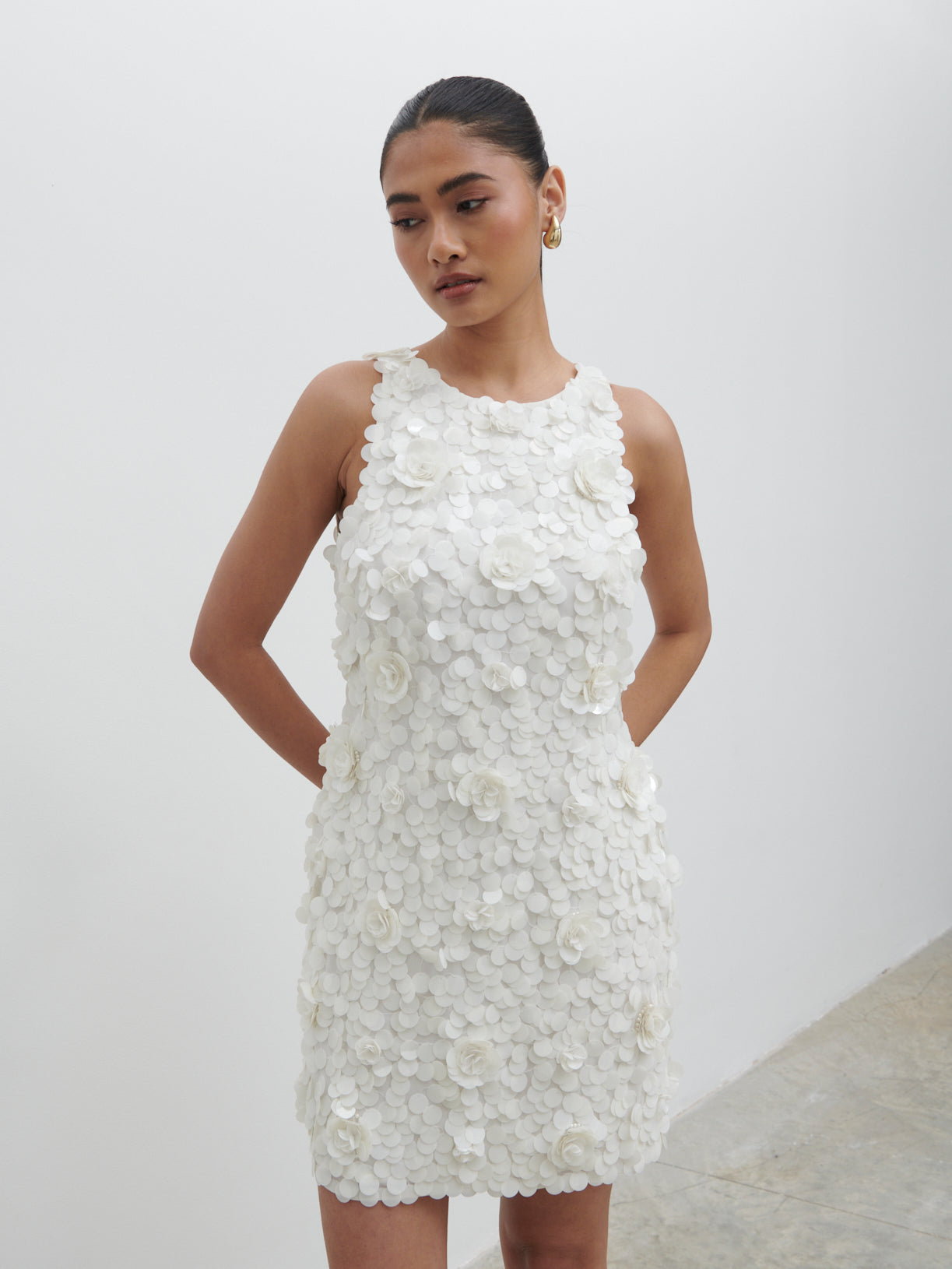 Arles Rosette Sequin Mini Dress - Ivory