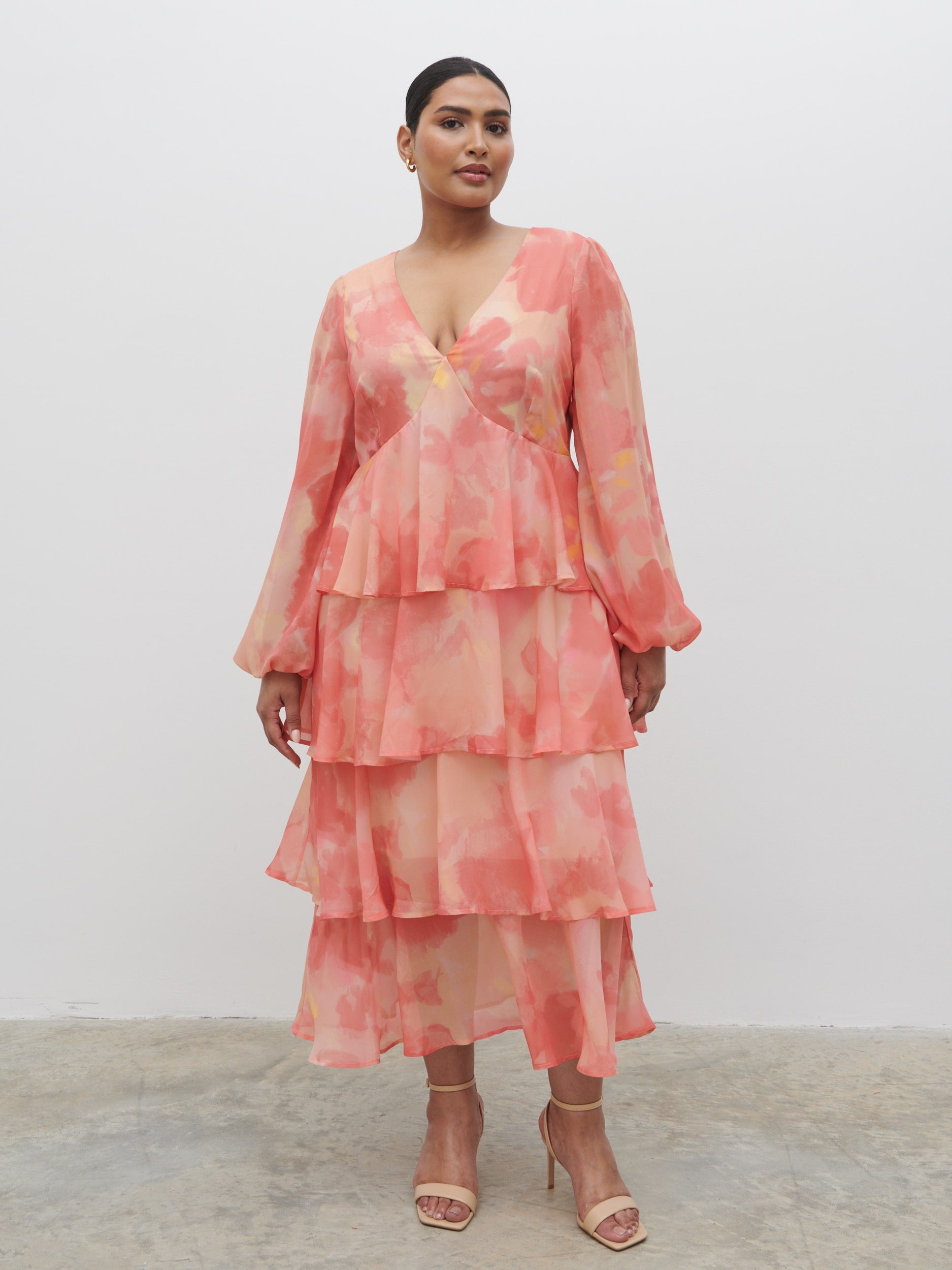 Ashton Ruffle Midi Dress Curve - Dusky Rose Watercolour