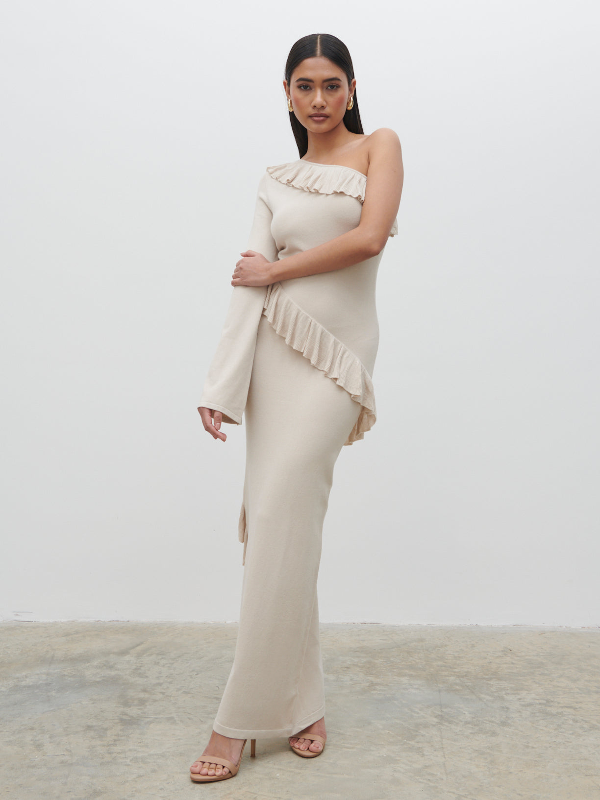 Bethanie Ruffle Maxi Knit Dress - Light Beige