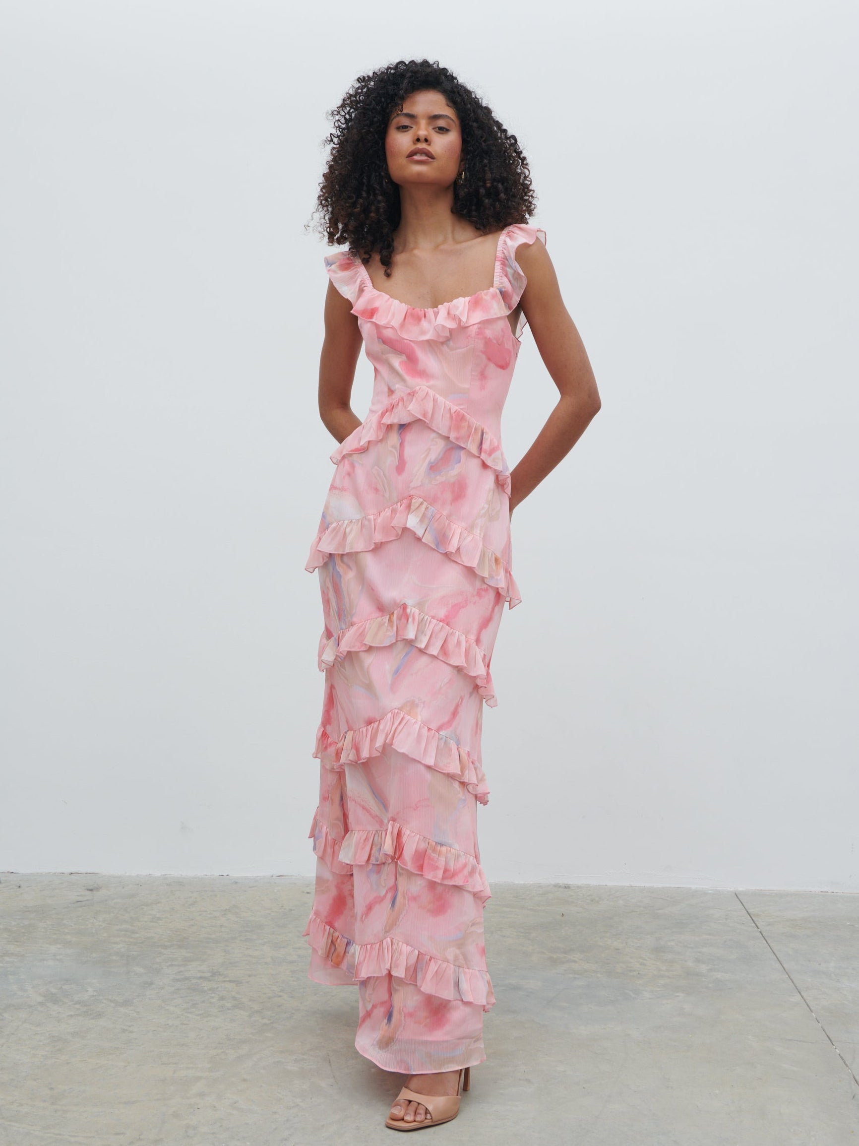 Wake Up Call Ruched Accent Ruffle Dress Marble Print Orange