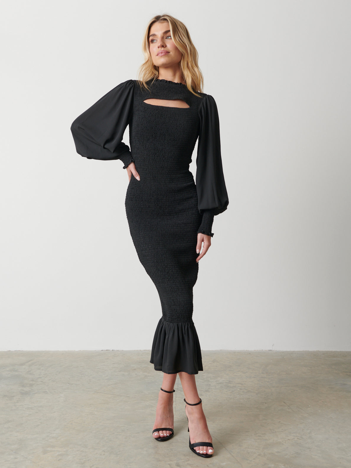 Elise Cut Out Shirred Midaxi Dress - Black