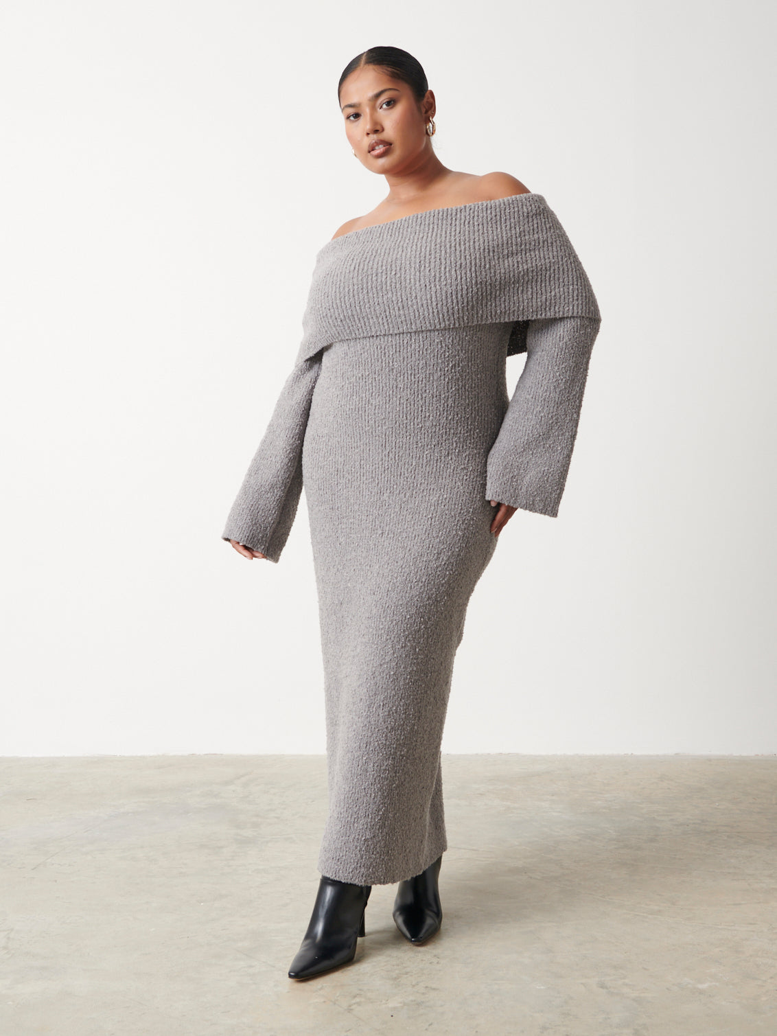 Elodie Midaxi Bardot Knit Dress Curve - Grey