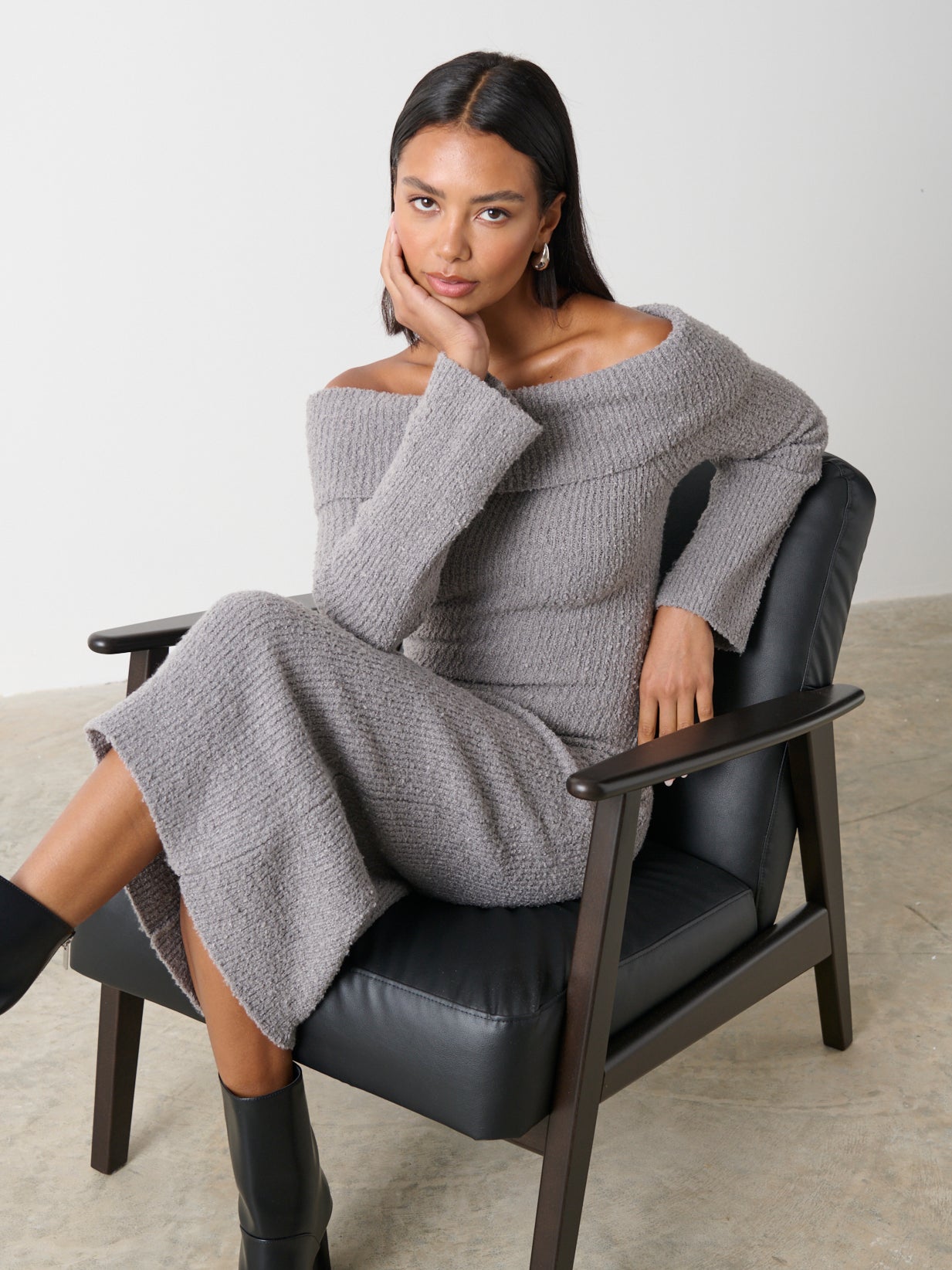 Elodie Midaxi Bardot Knit Dress - Grey