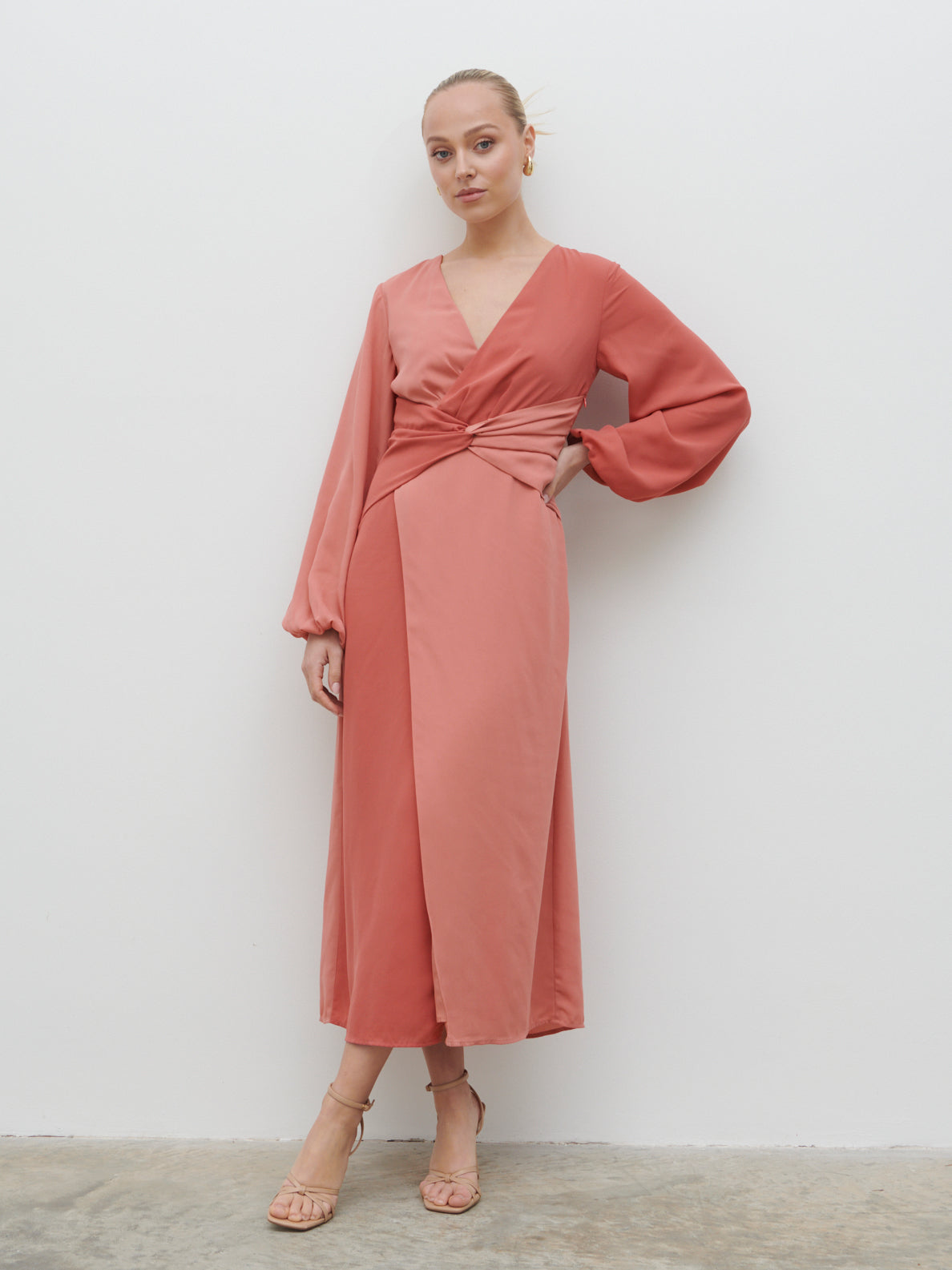 Friena Knot Contrast Midaxi Dress - Terracotta and Dusky Rose