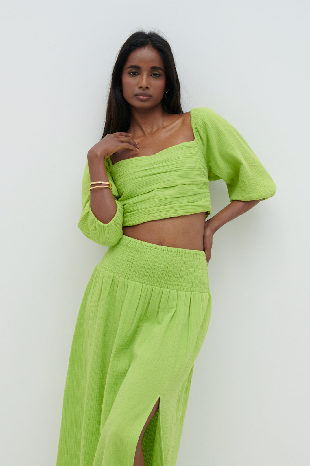 Ingrid Ruched Puff Sleeve Blouse - Lime