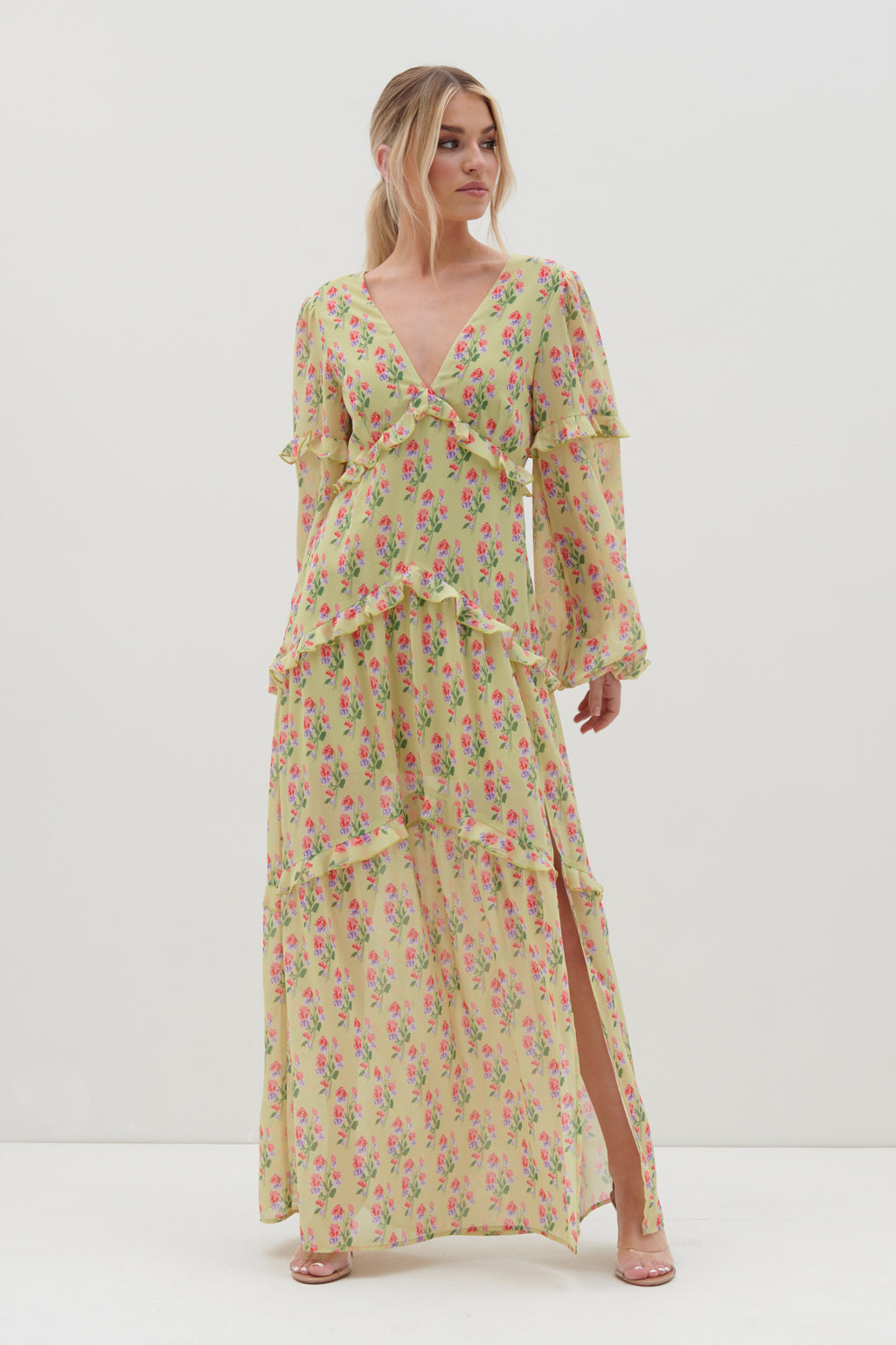 Kalina V Neck Ruffle Maxi Dress - Botanic Floral