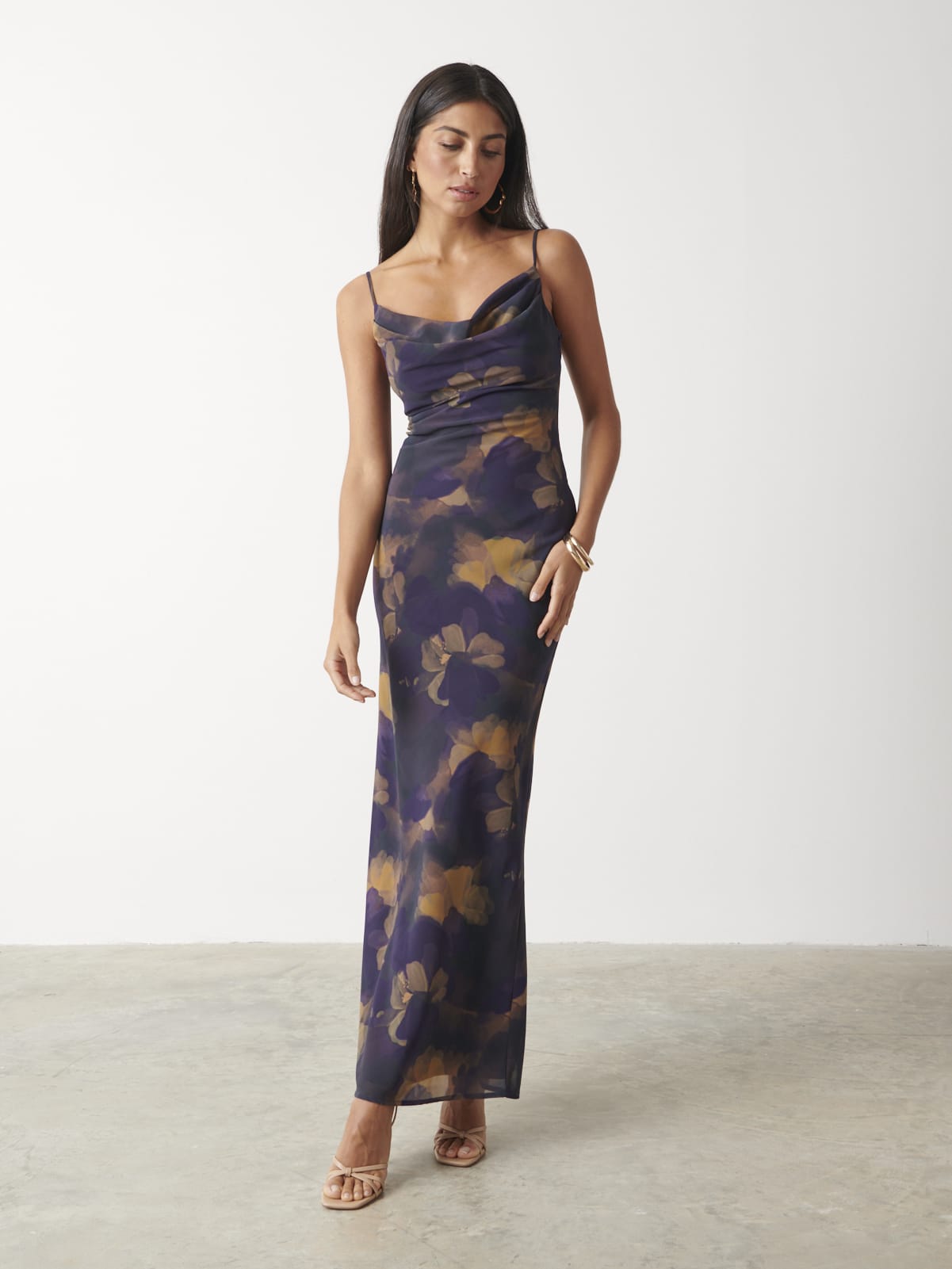 Keisha Printed Chiffon Maxi Dress Dark Amethyst & Saffron Floral