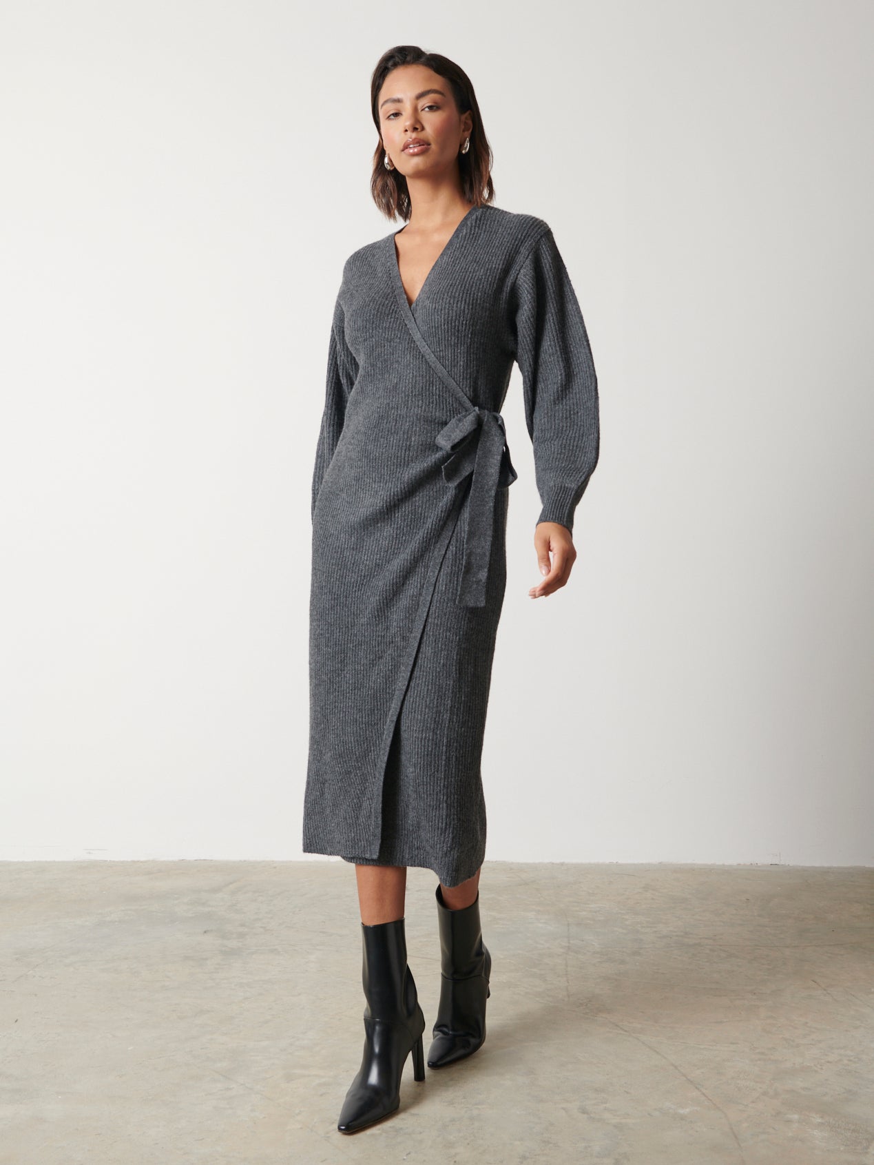 Kinsley Ribbed Wrap Dress - Charcoal Grey