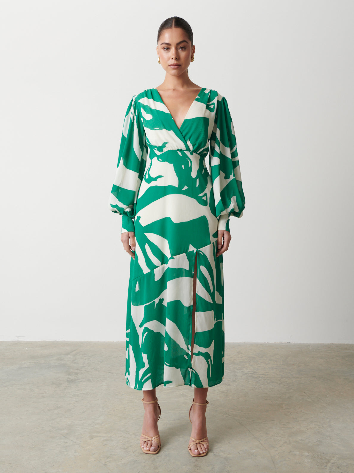 Lilianna Backless Balloon Sleeve Printed Dress - Green Abstract