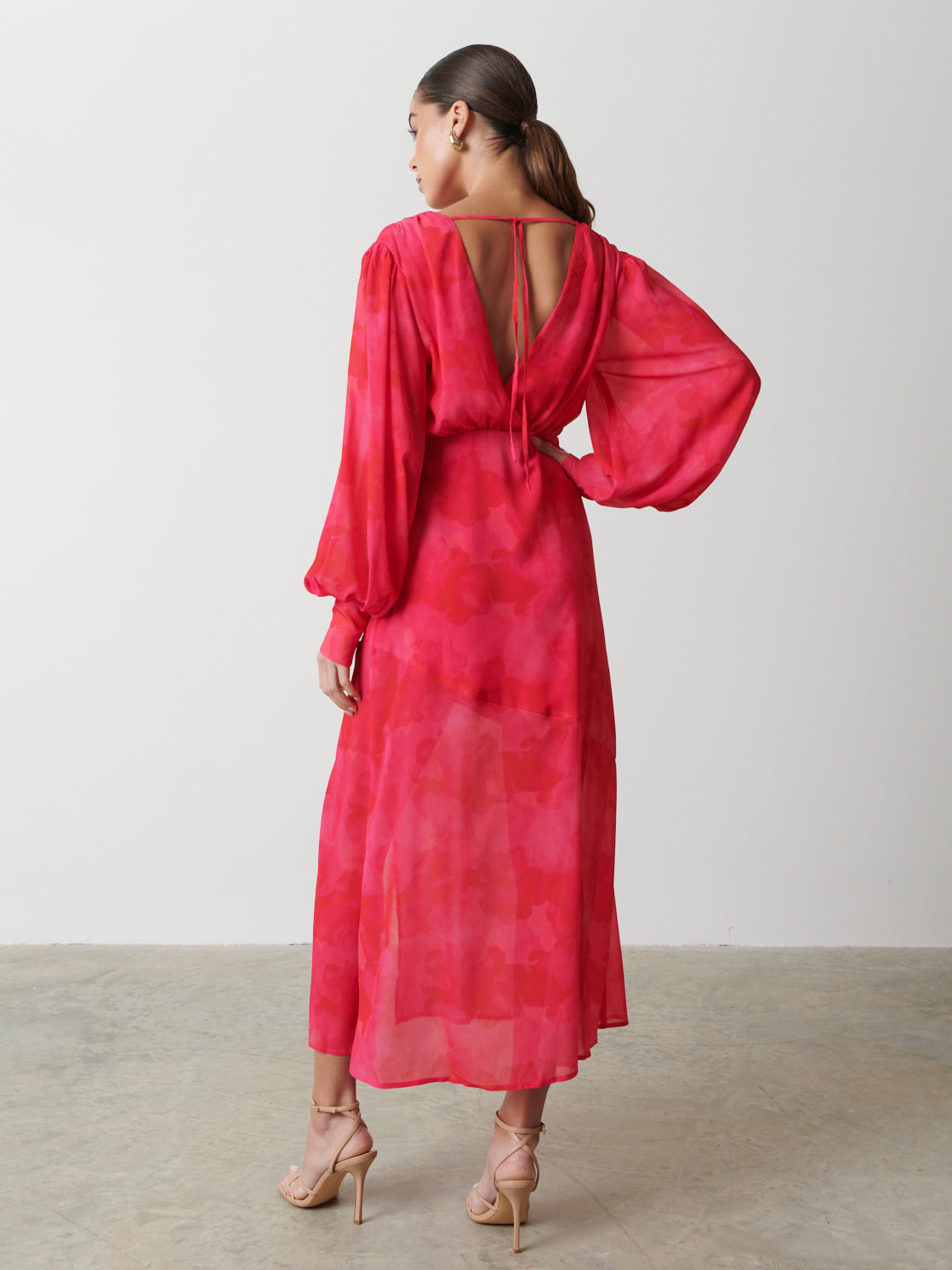 Lilianna Backless Balloon Sleeve Printed Dress - Pink and Red Watercolour