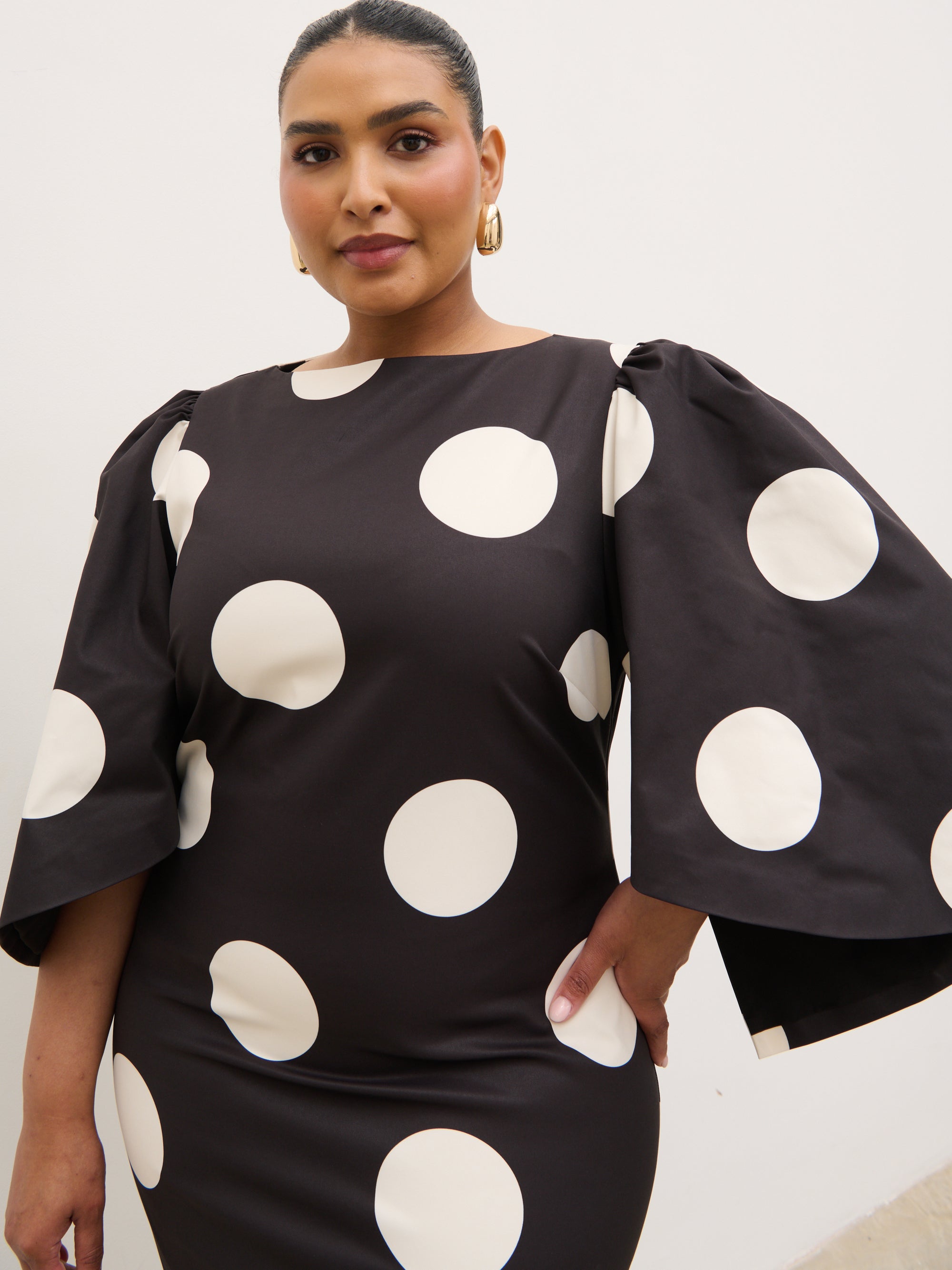 black and cream polka dot dress Liora A-Line Midaxi Dress Curve