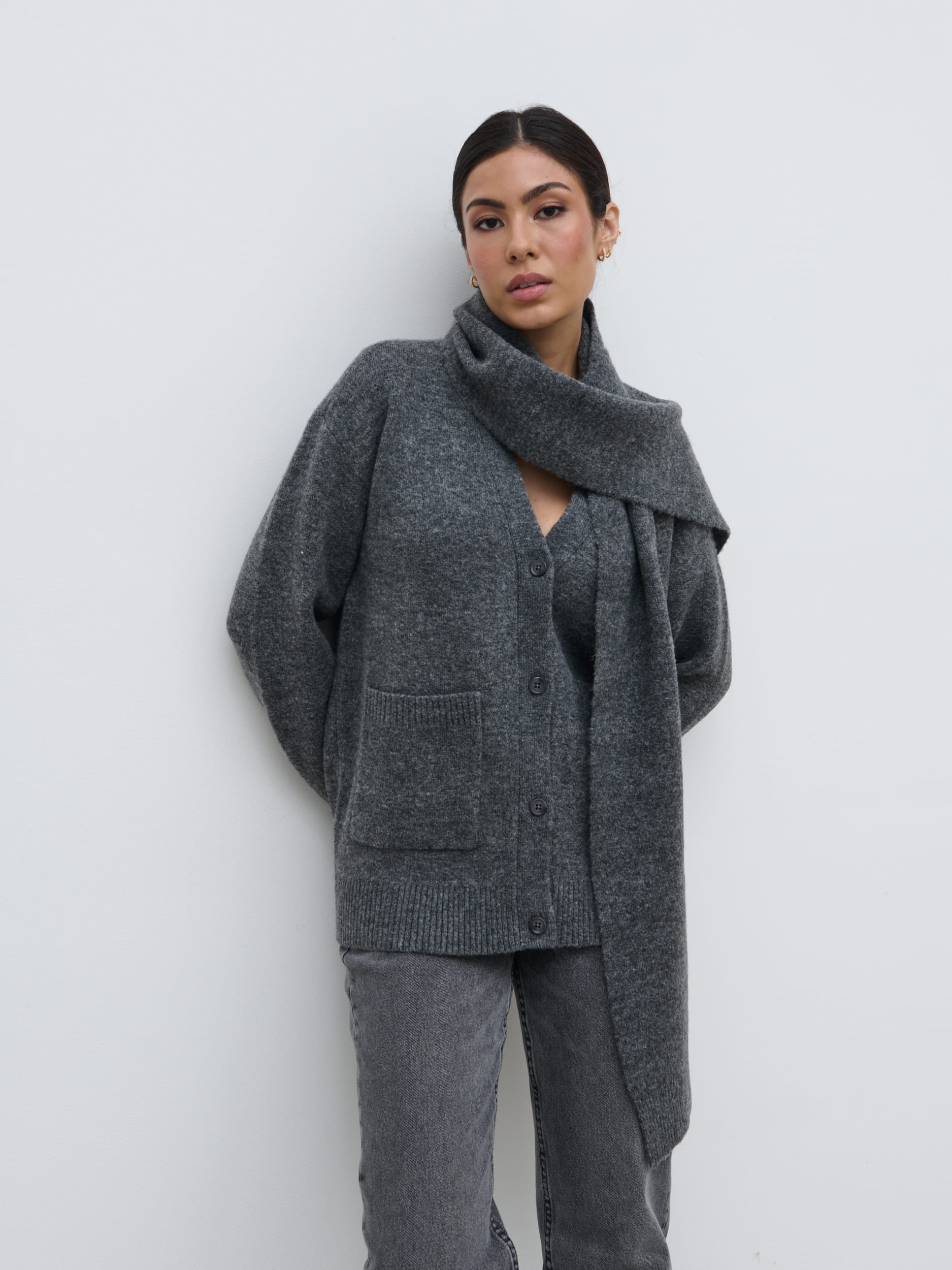 2060022 Grey Scarf Neck Cardigan