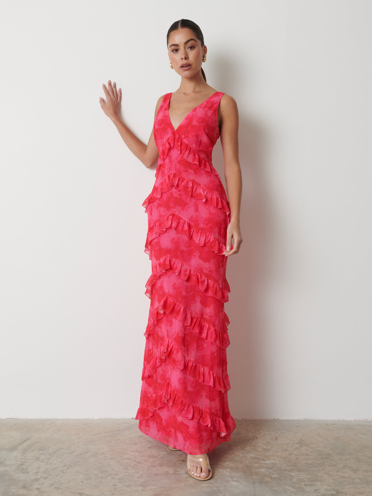 Piper Ruffle Maxi Dress - Pink and Red Watercolour