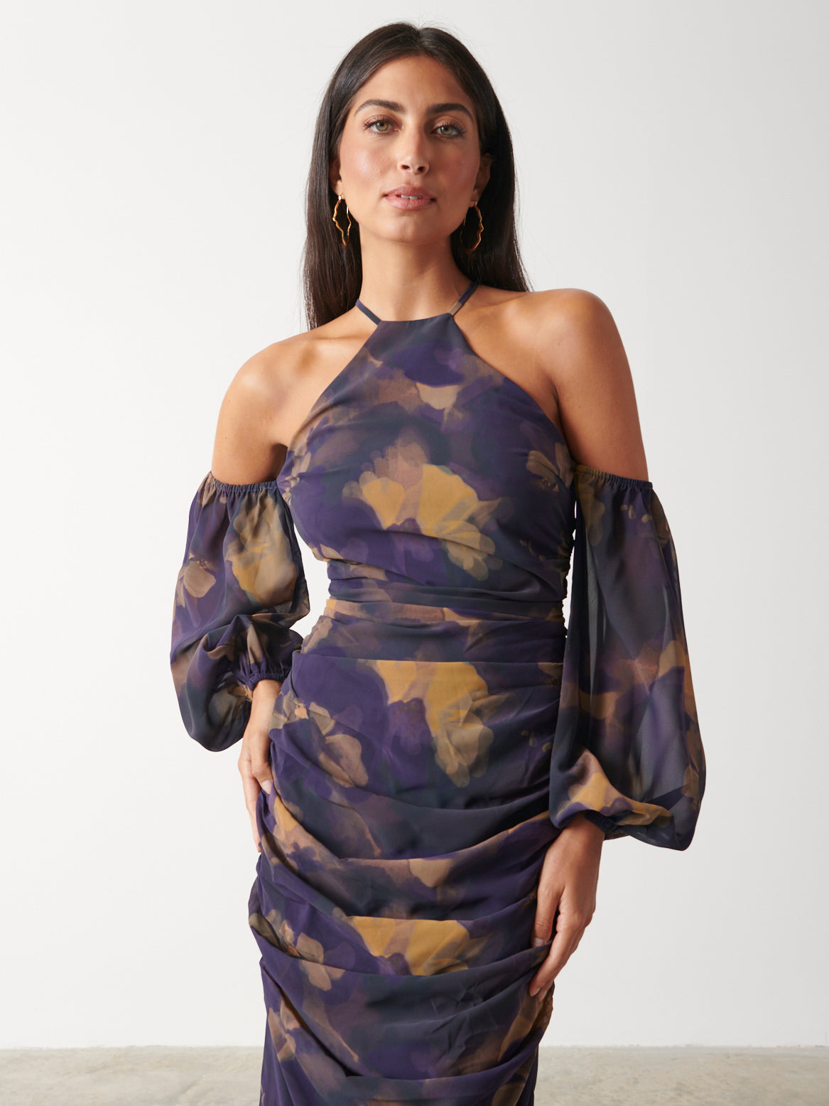 Roma Ruched Midaxi Dress - Dark Amethyst & Saffron Floral