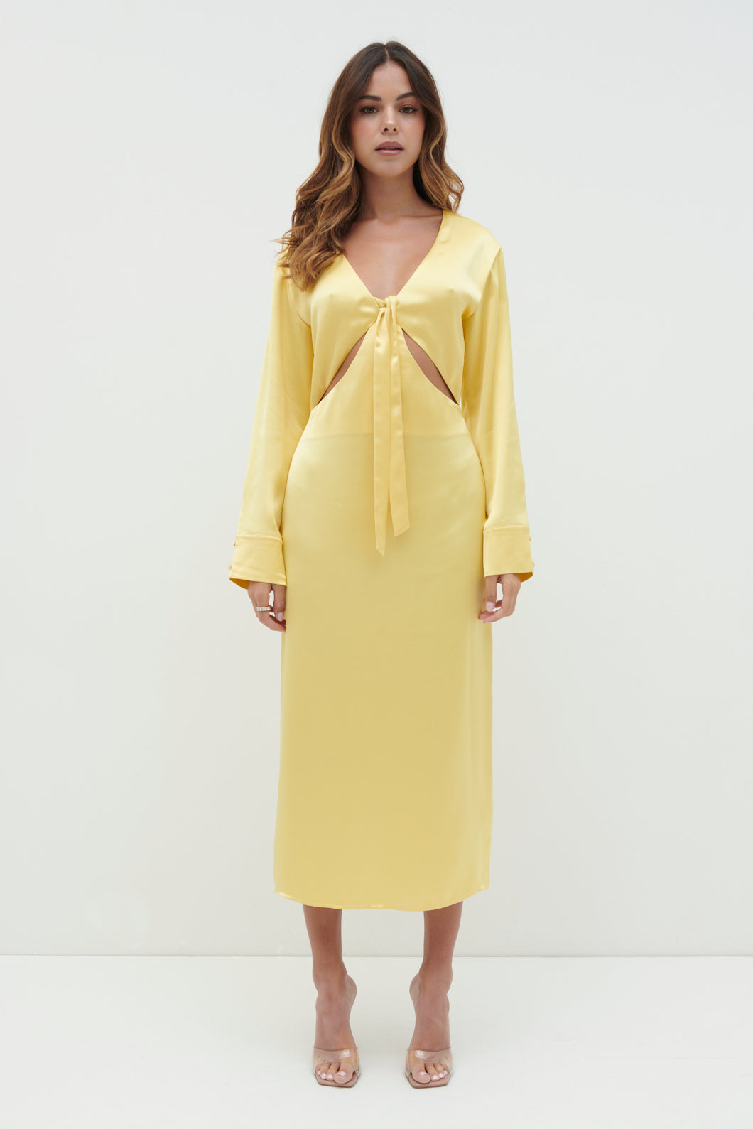 Rosslyn Tied Long Sleeve Midaxi Dress - Lemon