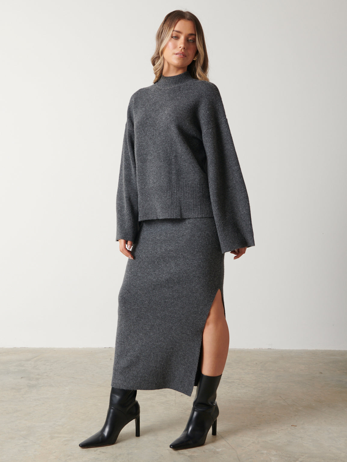 Sloane Knit Slit Midaxi Skirt Charcoal Grey