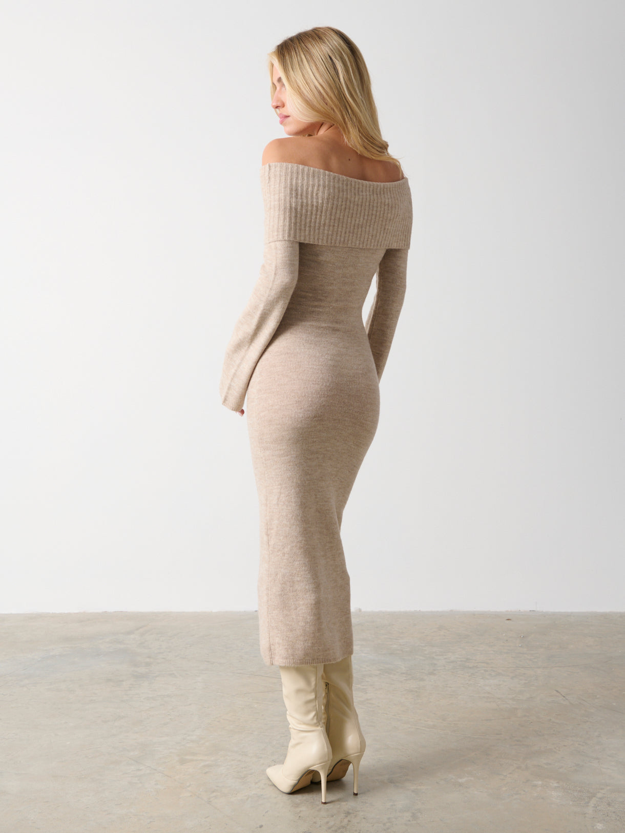 Soreya Bardot Soft Knit Dress - Beige Marl