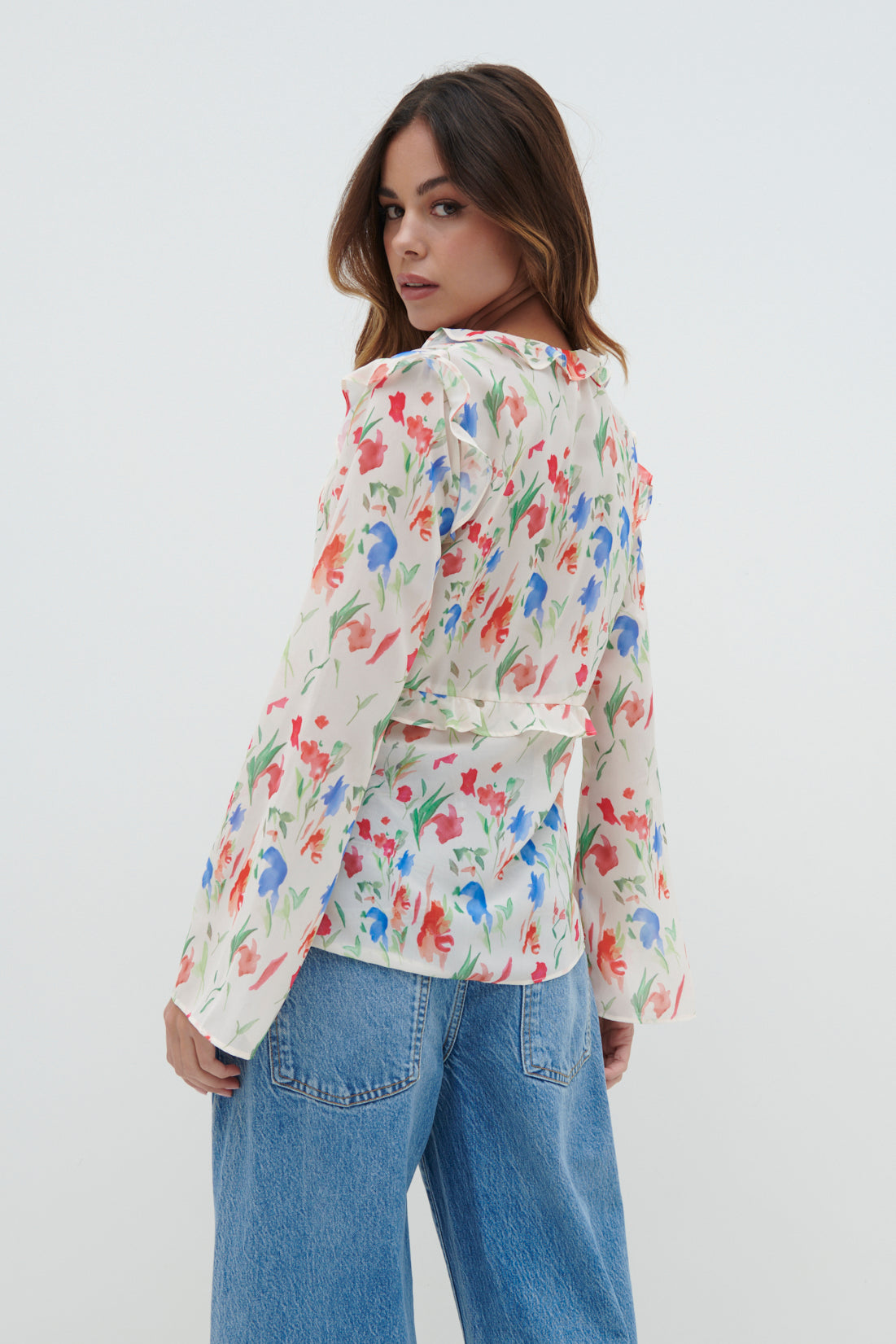 Tomlin V Neck Ruffle Tie Blouse - Dainty Floral