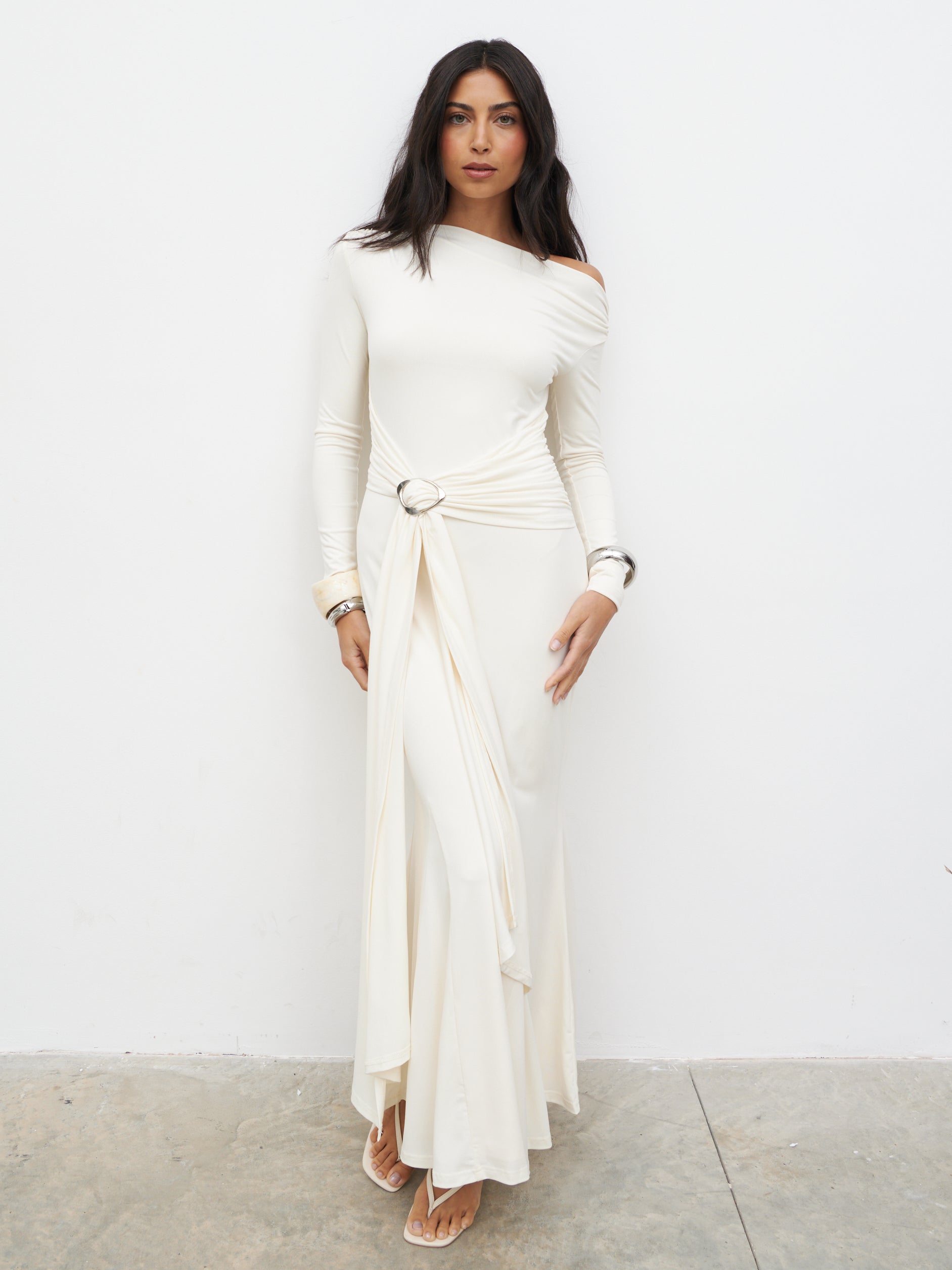 Yarelia Ruched Trim Jersey Maxi Dress - Cream
