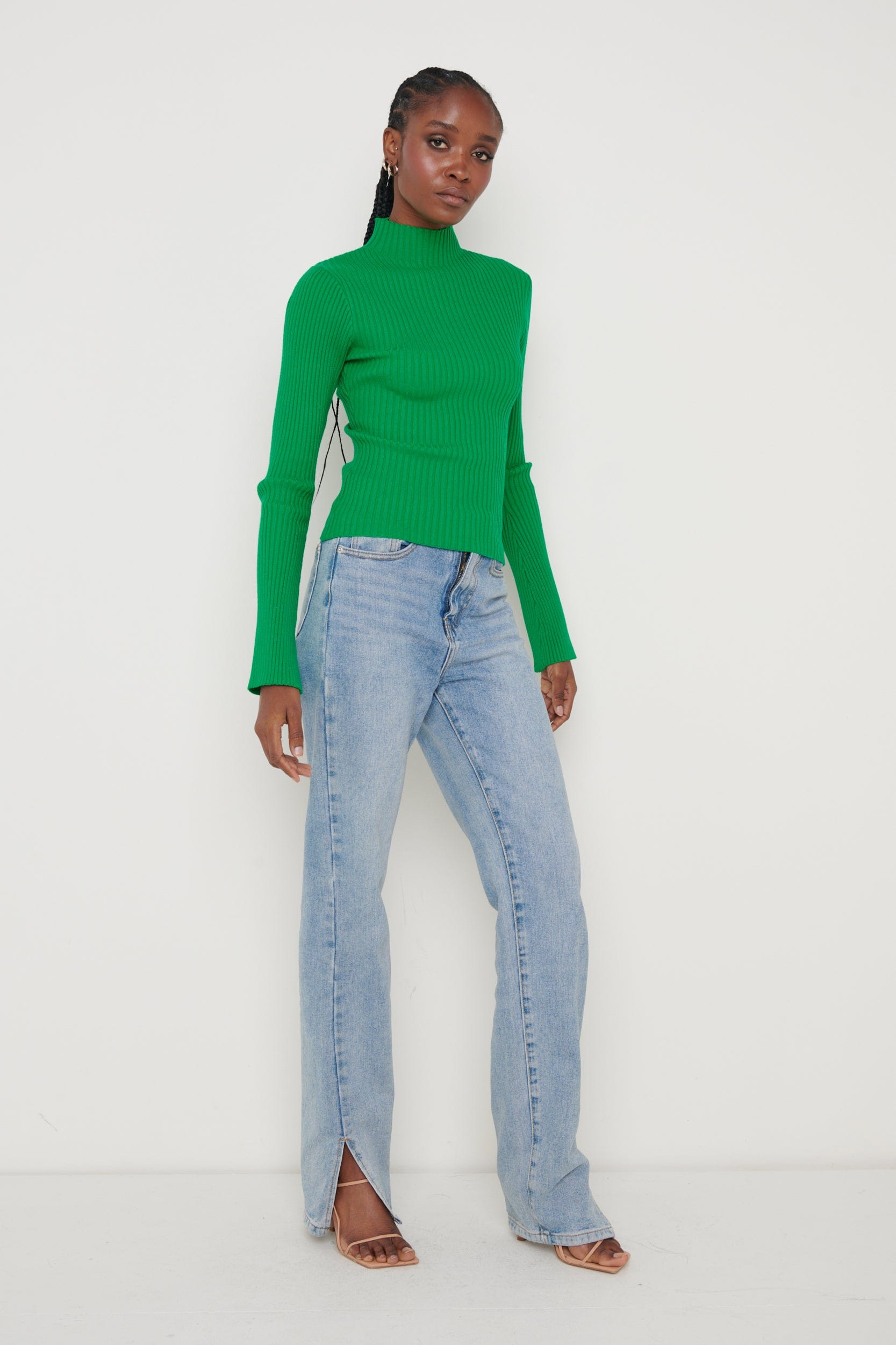 Abbey Ribbed Grown Neck Top - Bright Green