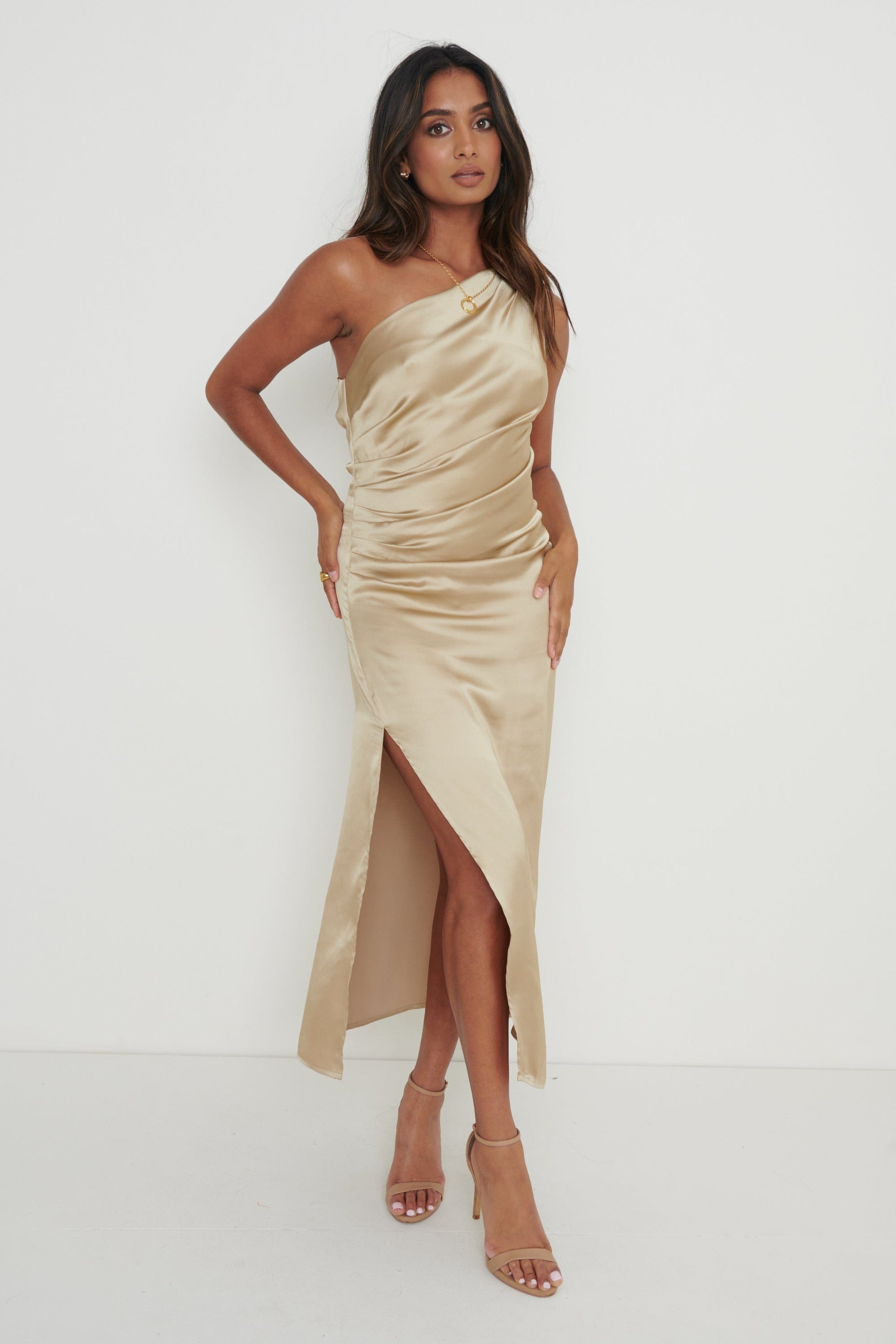 Amelia One Shoulder Ruched Satin Dress - Gold Pretty Lavish Amelia One Shoulder Ruched Satin Dress - Gold Pretty Lavish