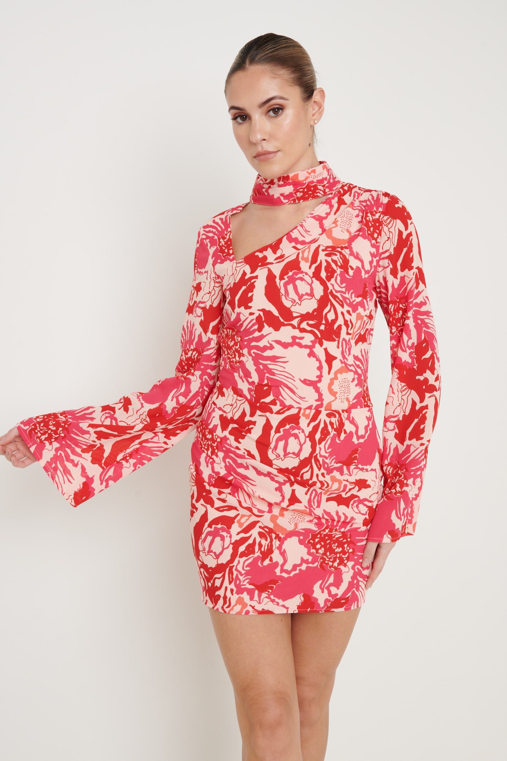 Athene Cut Out Mini Dress - Pink and Red Floral