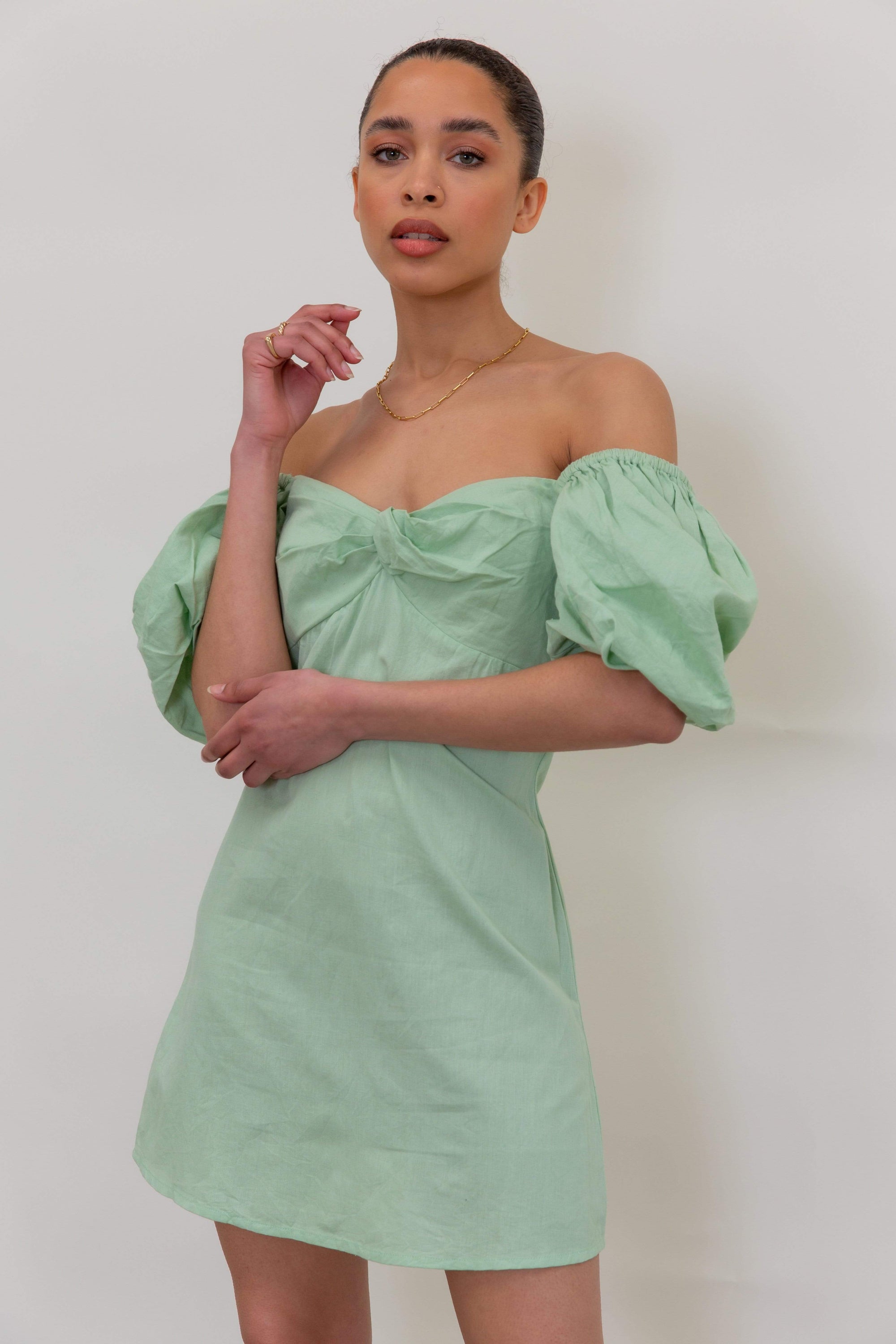 Jenna Puff Sleeve Mini Dress - Pastel Green