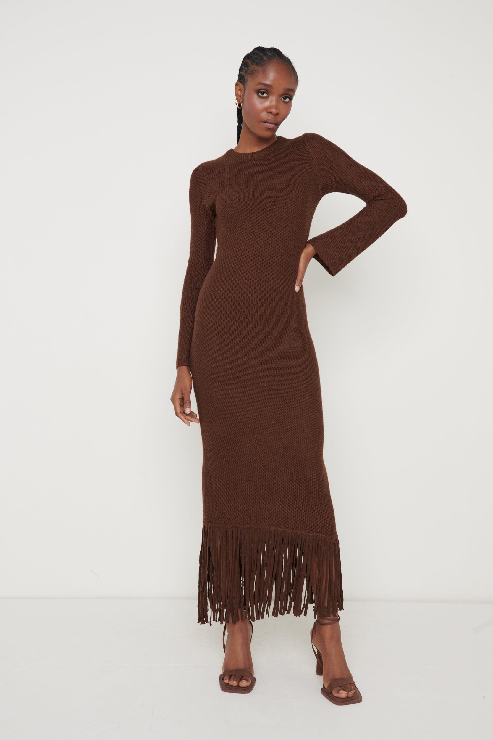 Francoise Fringed Knit Maxi Dress - Brown