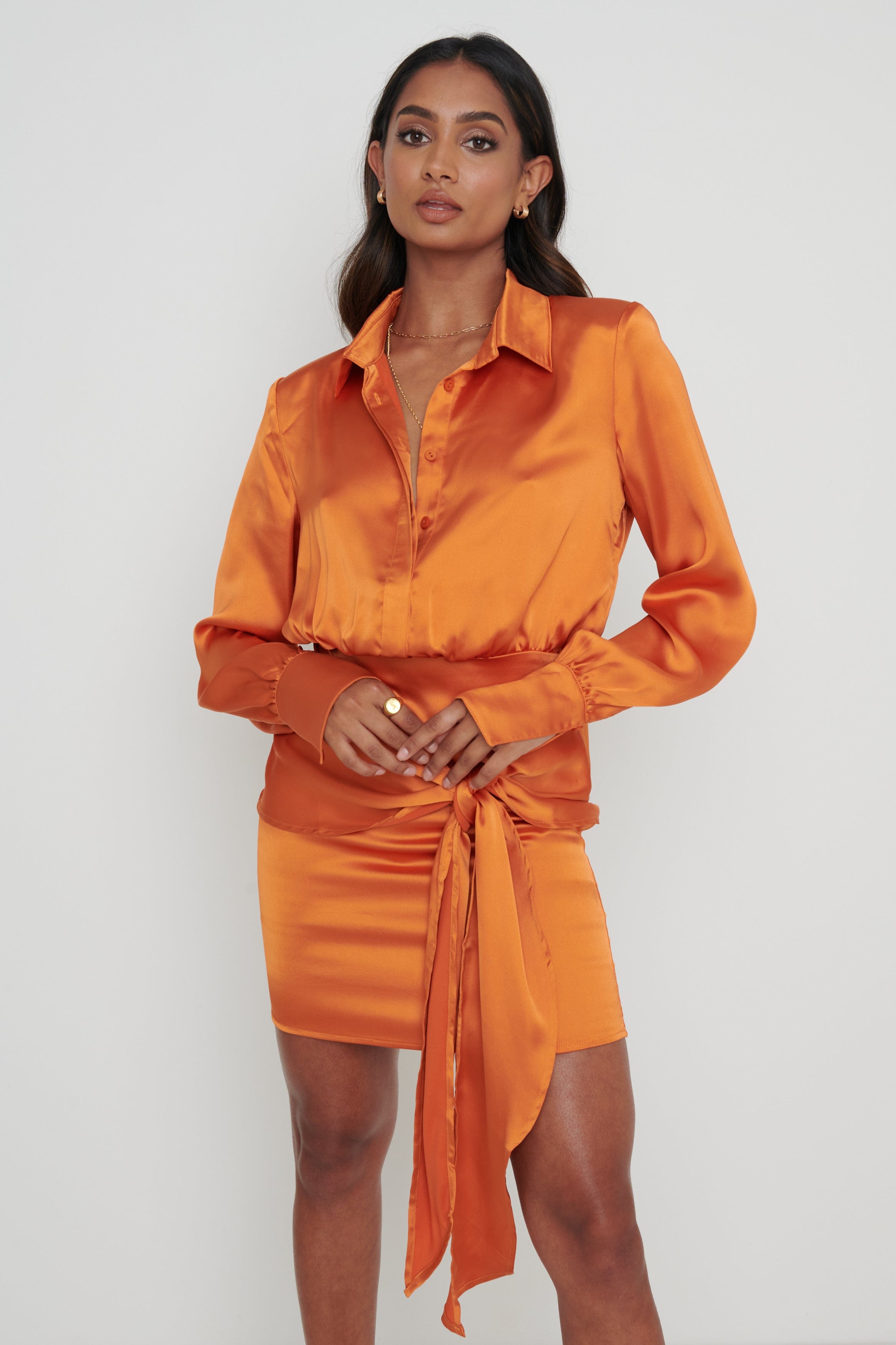Isla Tie Knot Mini Satin Dress - Orange