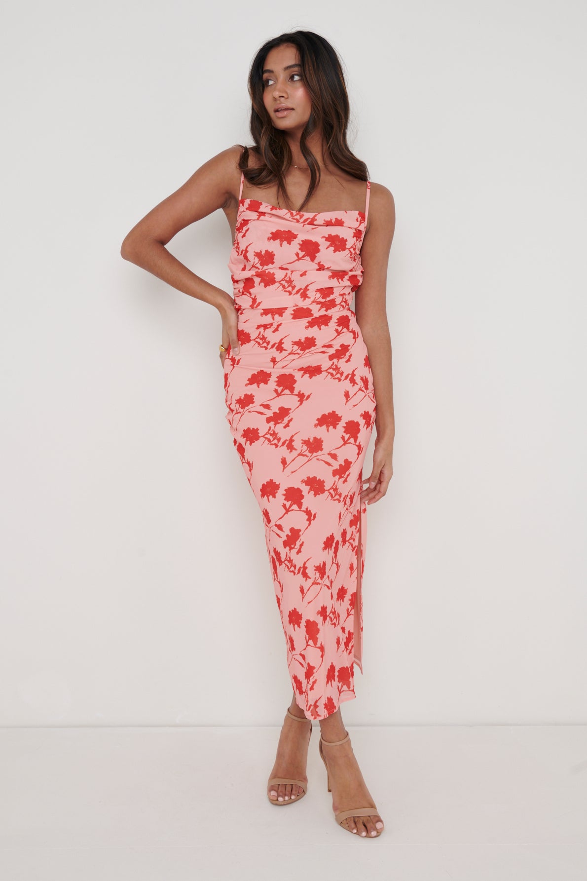 Keisha Ruched Midaxi Dress Pink and Red Floral