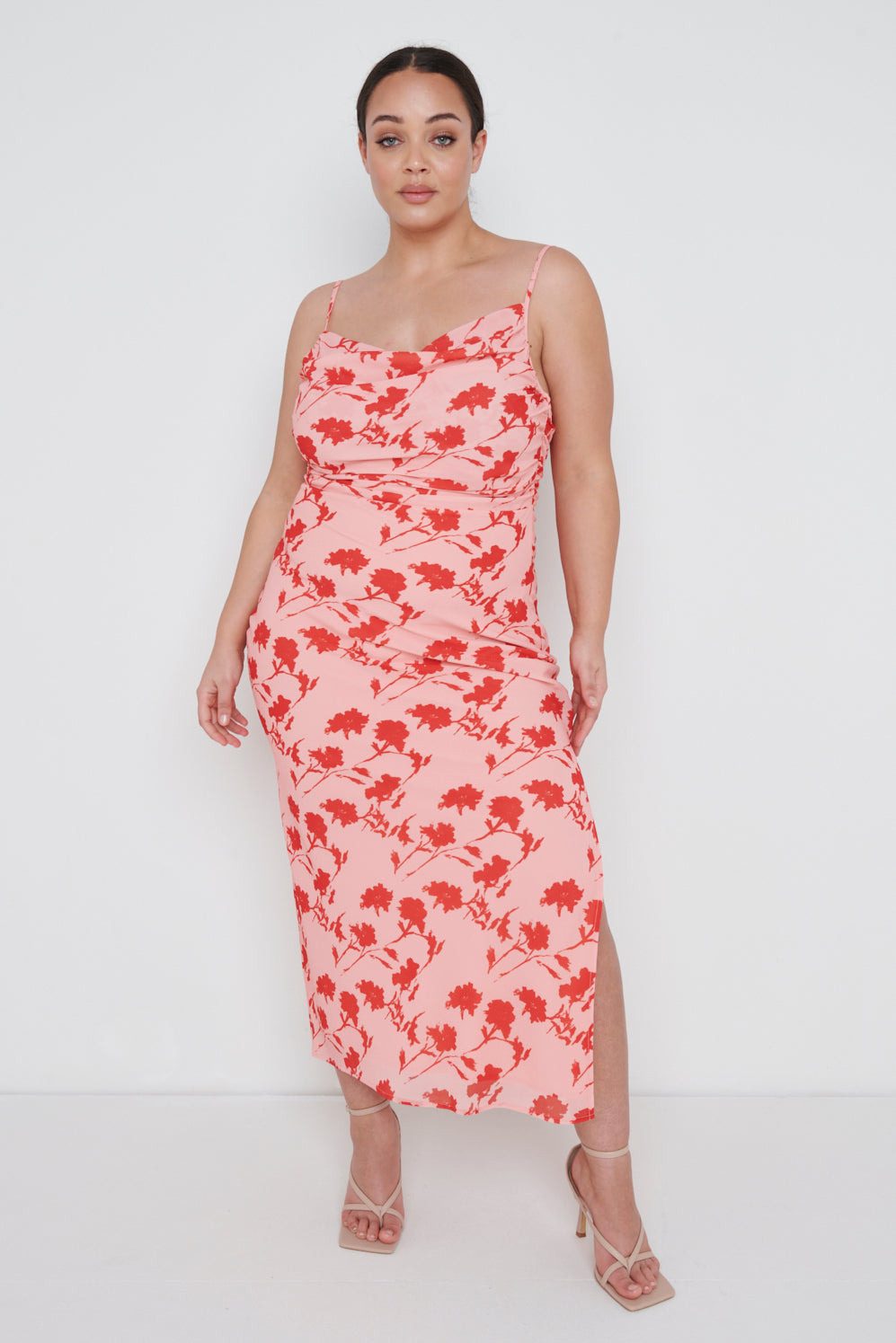 Keisha Ruched Midaxi Dress Curve - Pink and Red Floral