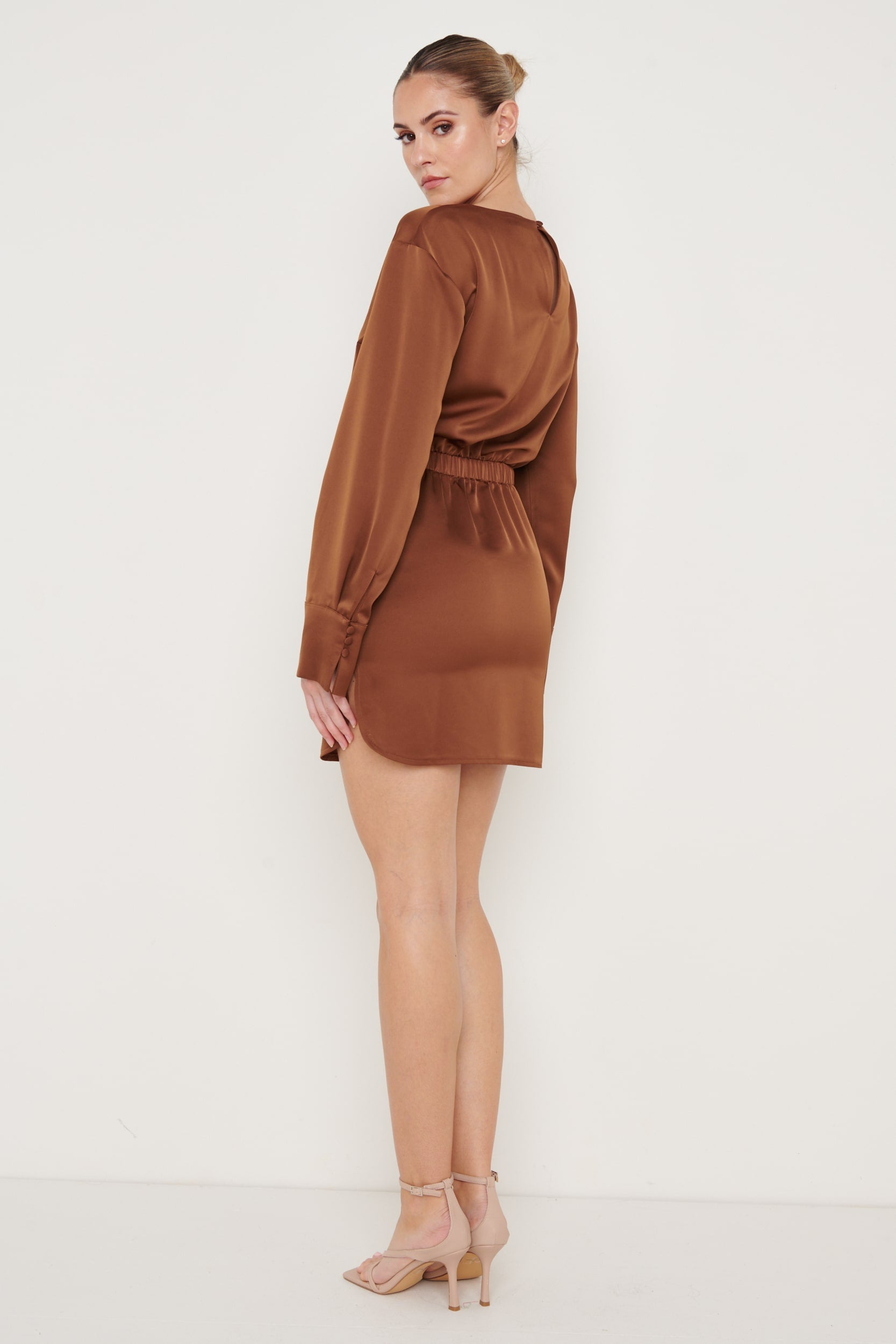 Olive Long Sleeve Satin Dress - Brown