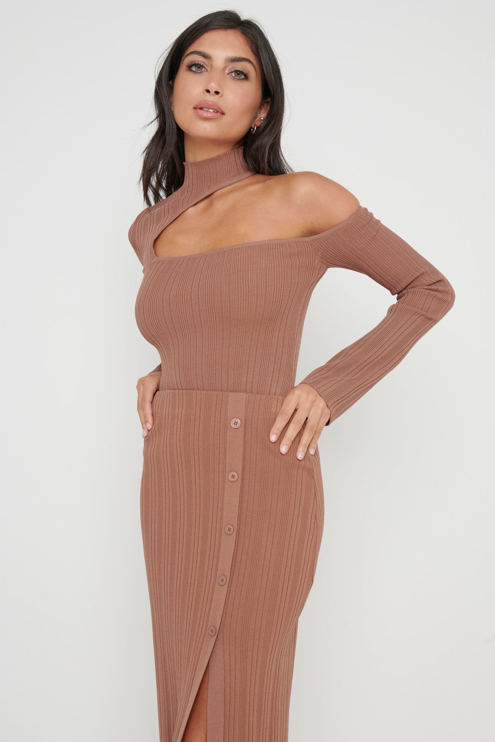 Presley High Neck Cut Out Knit Top - Chocolate Brown