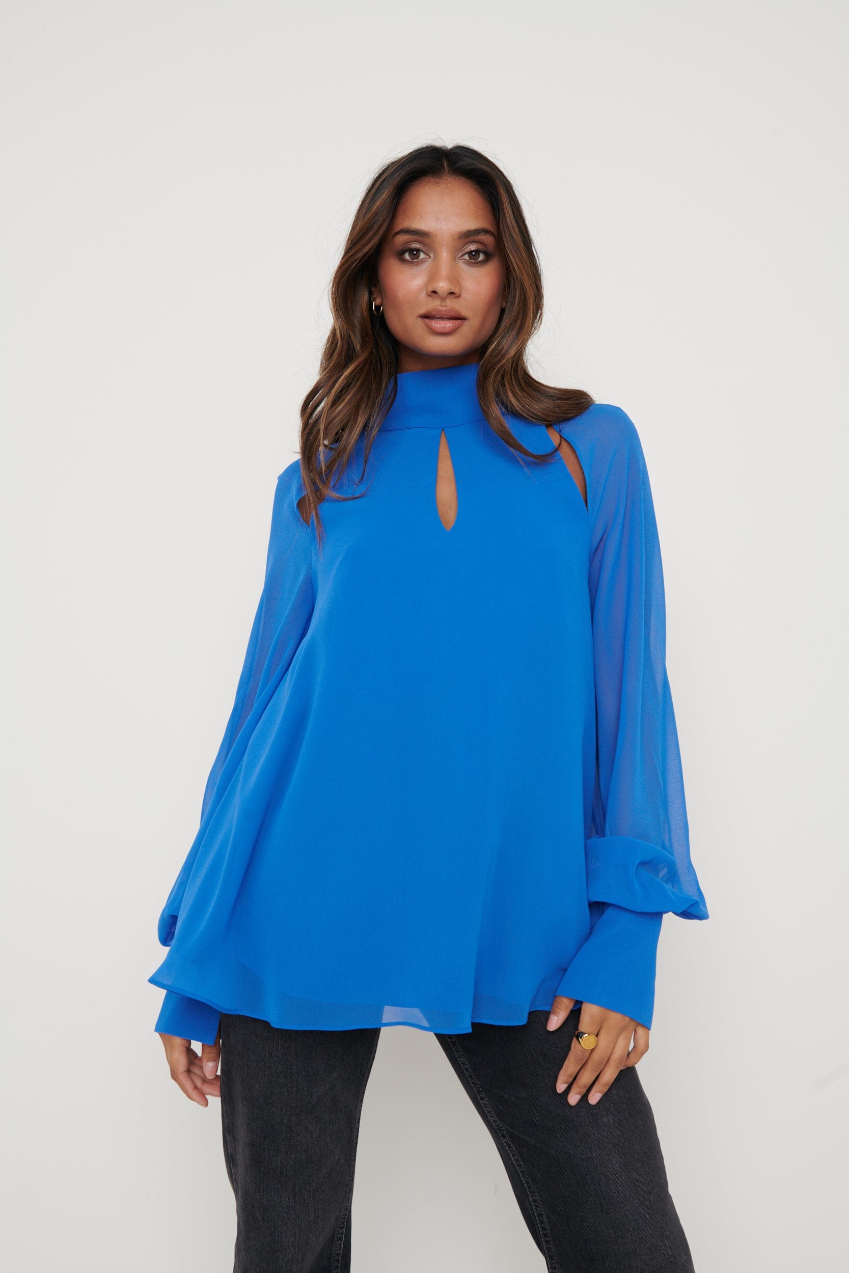Romy Cut Out High Neck Blouse - Blue