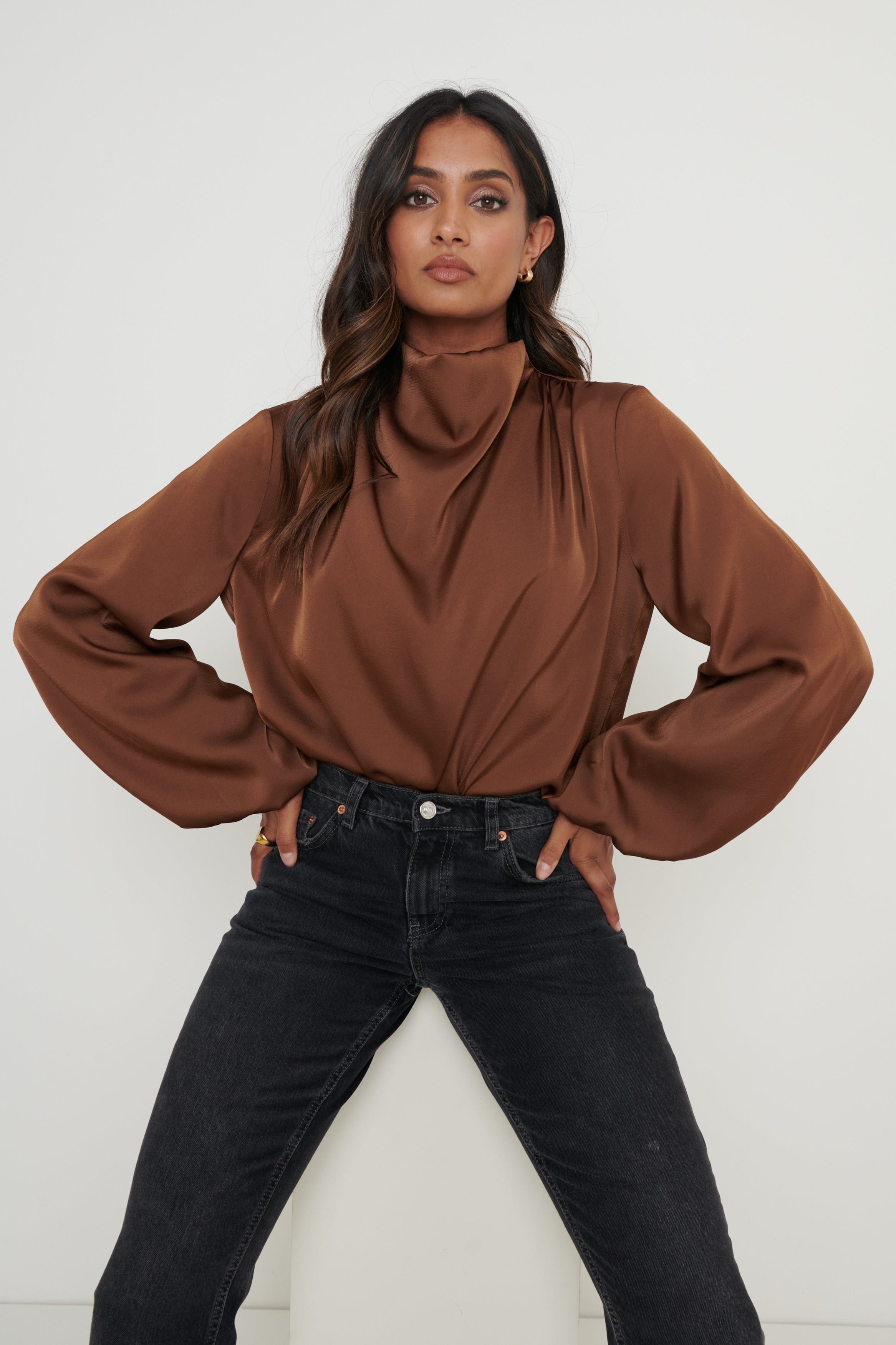 Tate Cowl Neck Pleated Blouse - Brown