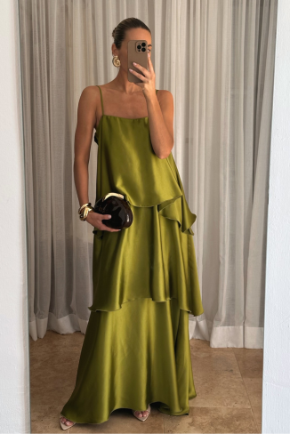 green emerald velvet dress Tove Tiered Ruffle Maxi Dress
