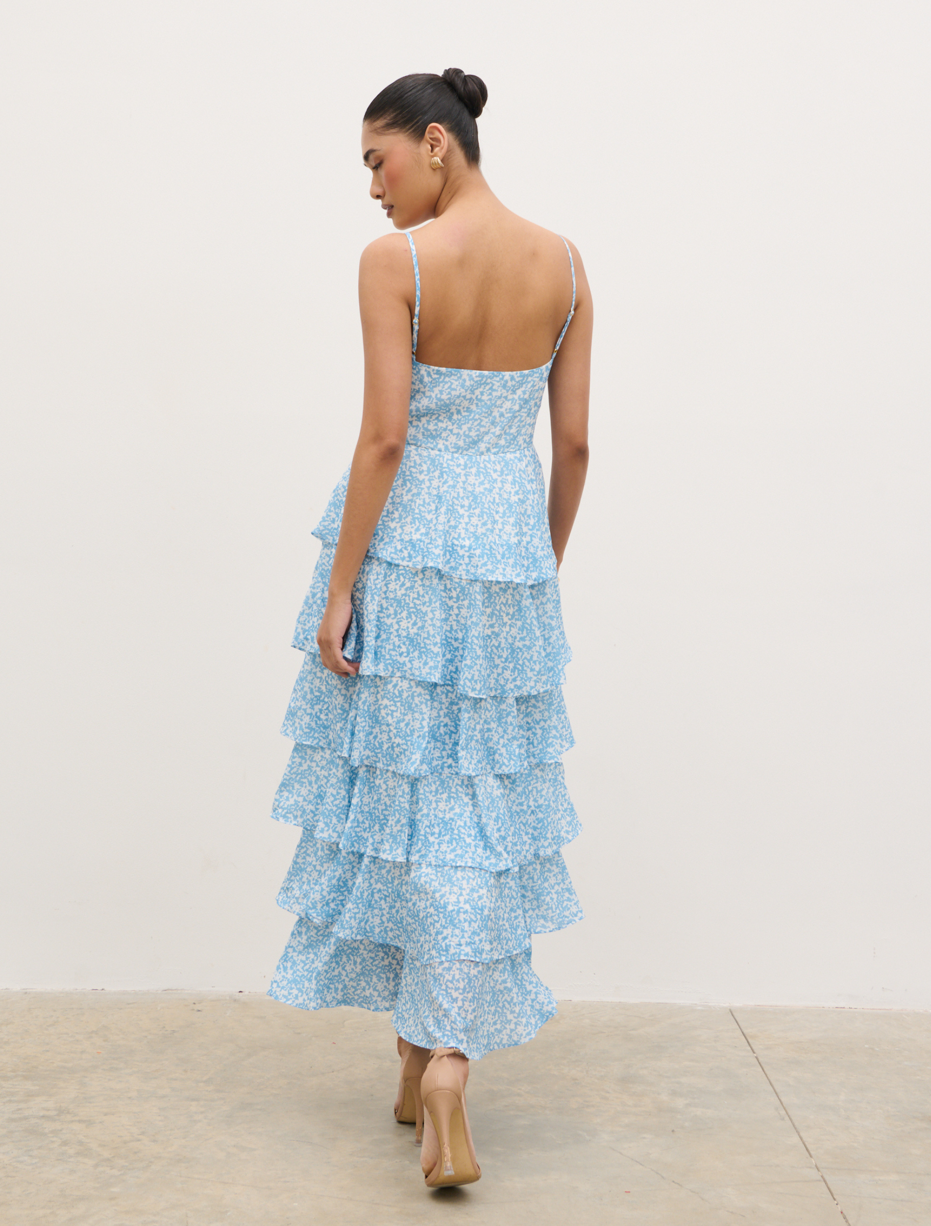 Lissy Ruffle Midaxi Dress - Blue Abstract Pretty Lavish Lissy Ruffle Midaxi Dress - Blue Abstract Pretty Lavish