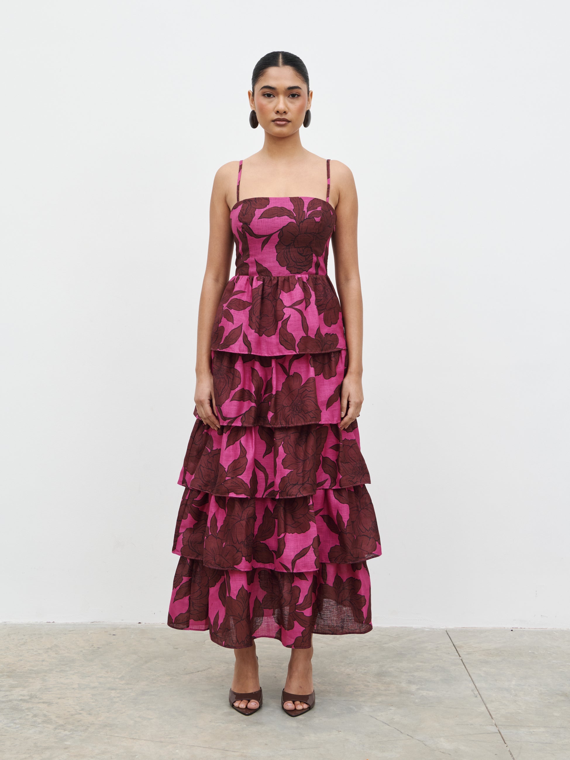 Aalyiah Square Neck Ruffle Midaxi Dress - Brown and Fuchsia Floral ...