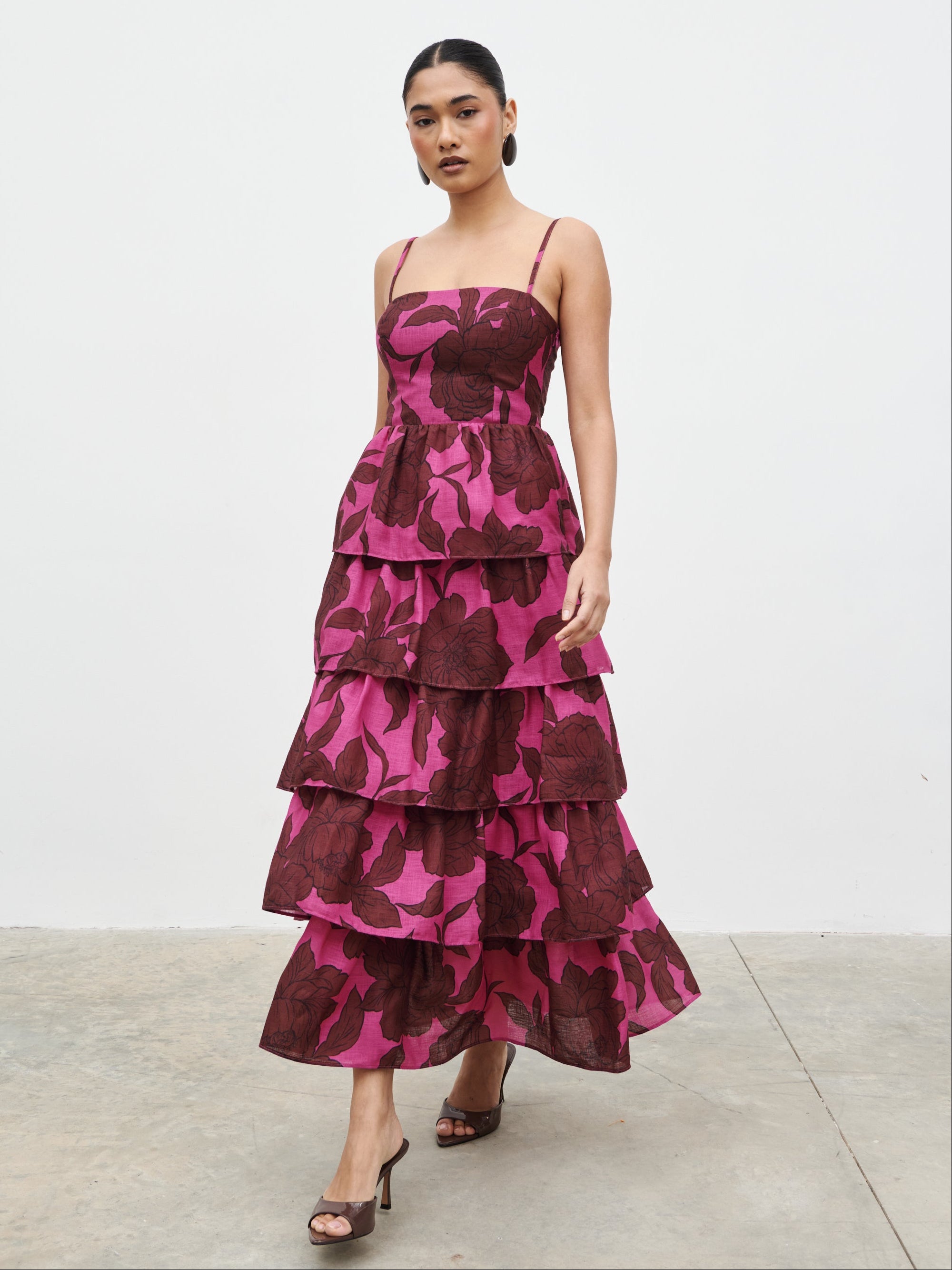 Aalyiah Square Neck Ruffle Midaxi Dress - Brown and Fuchsia Floral ...