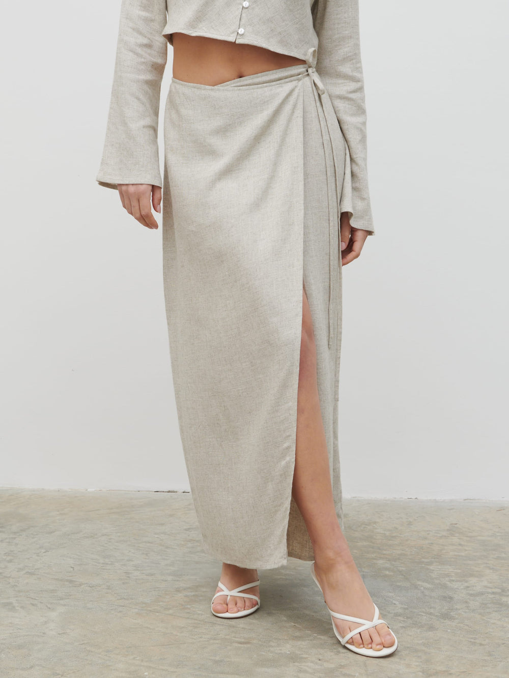 White Linen Blend Gathered Midaxi Skirt