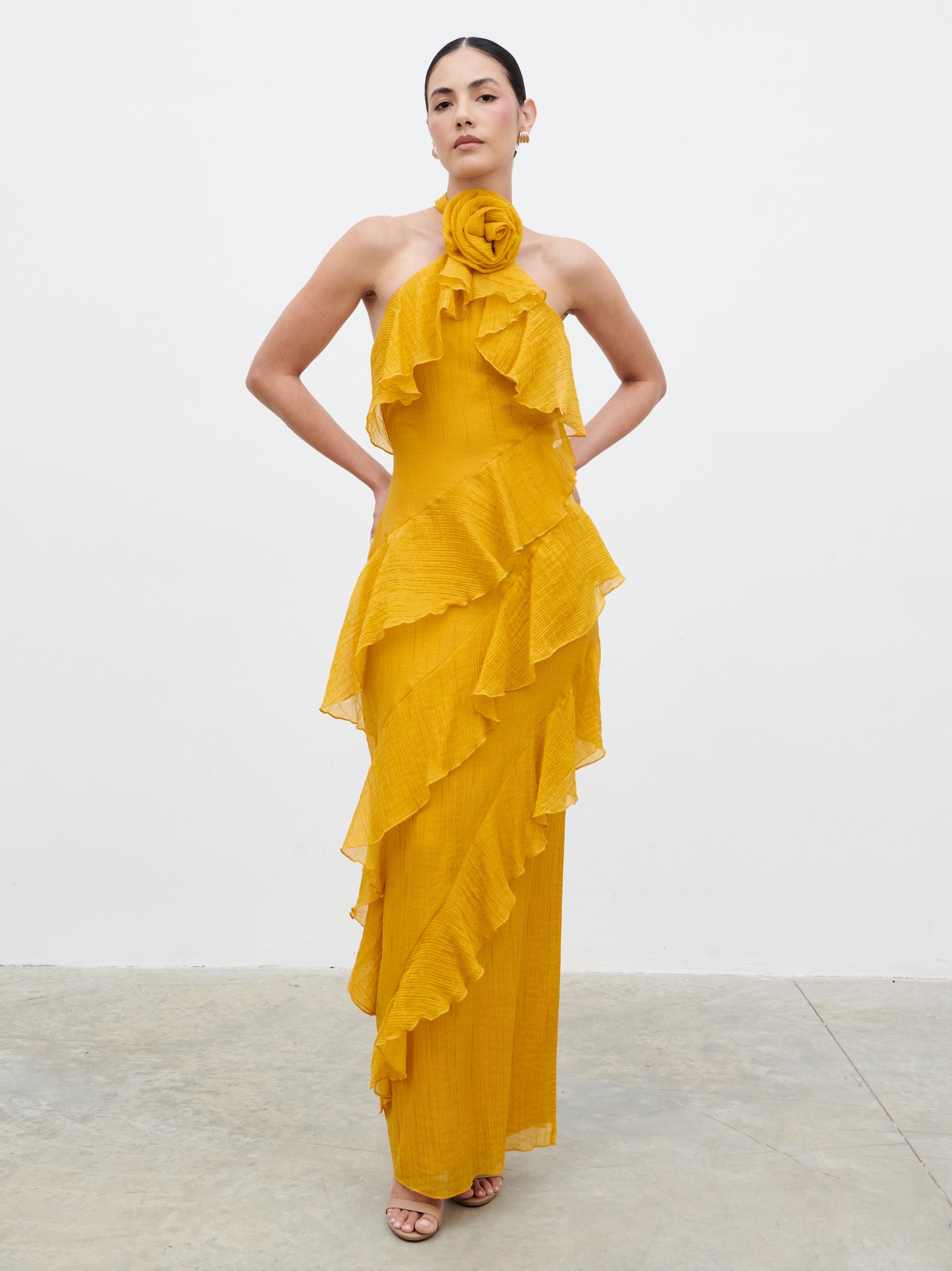 Addison Corsage Ruffle Maxi Dress Ochre