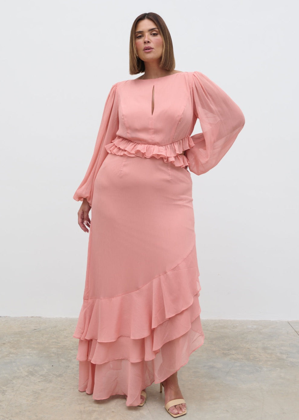 Adelina Cut Out Ruffle Maxi Dress Curve - Apricot Ice