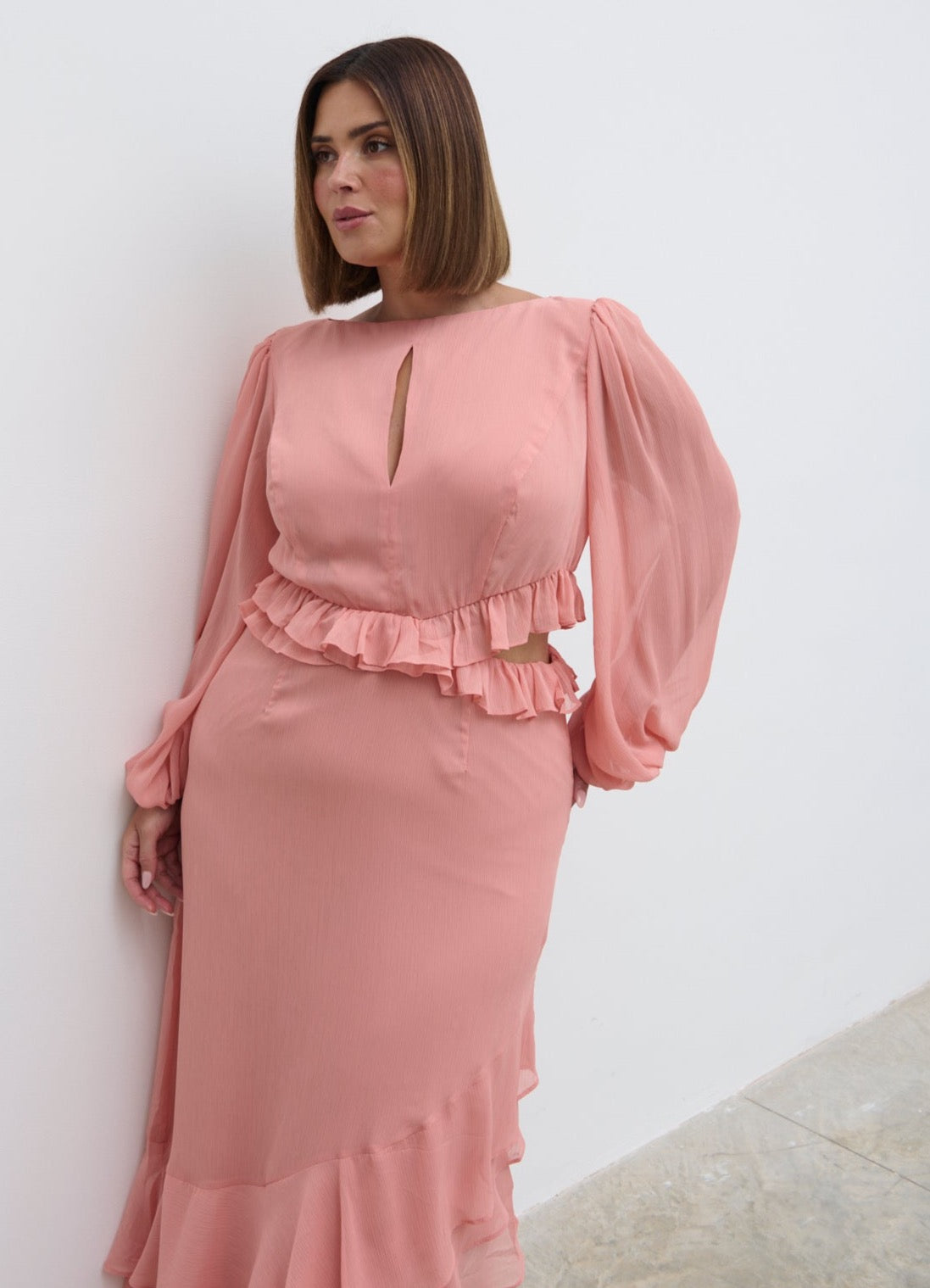 Adelina Cut Out Ruffle Maxi Dress Curve - Apricot Ice Pretty Lavish Adelina Cut Out Ruffle Maxi Dress Curve - Apricot Ice Pretty Lavish