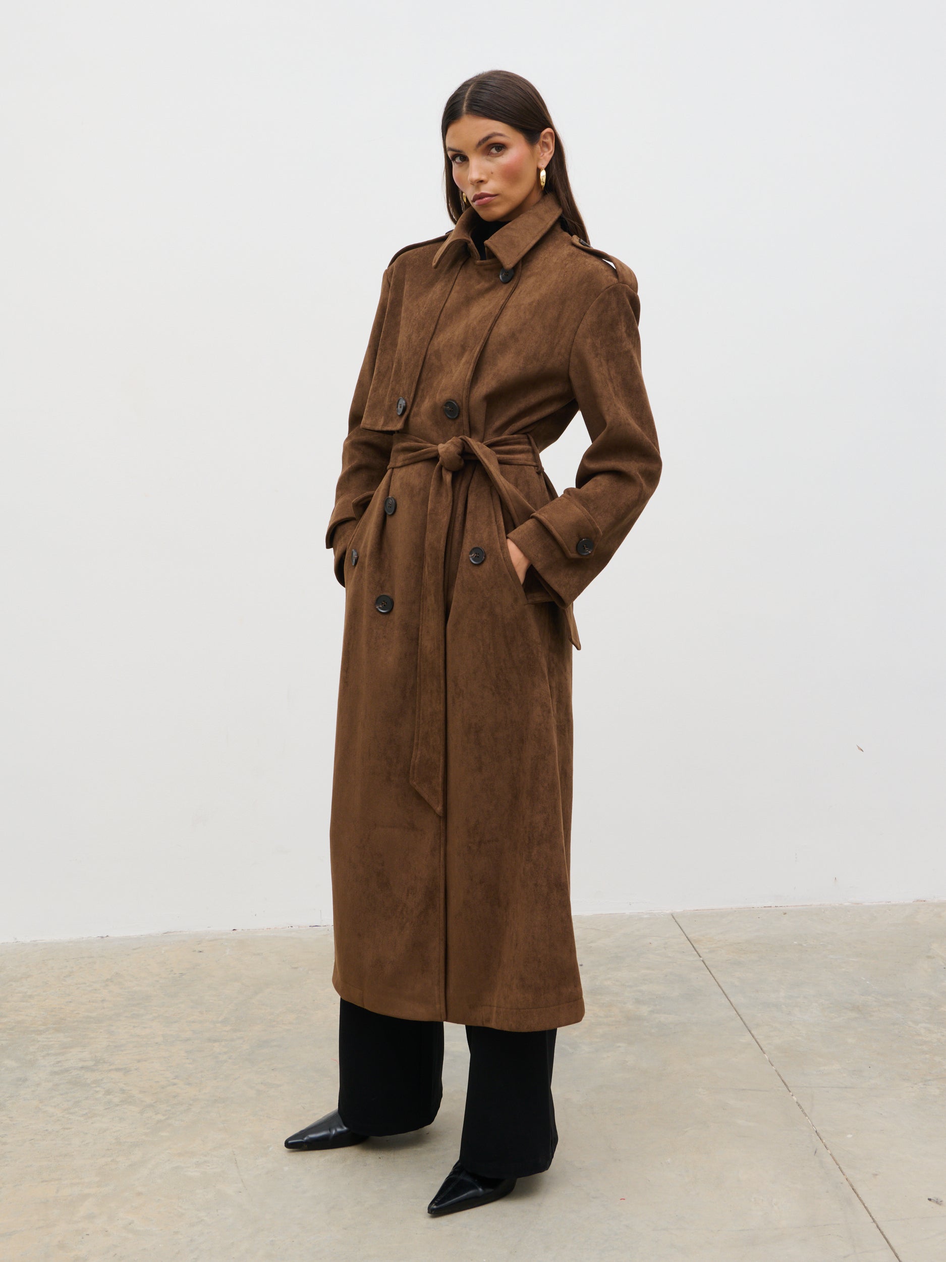 Agnes Longline Faux Suede Trench Coat Chocolate Brown – Pretty