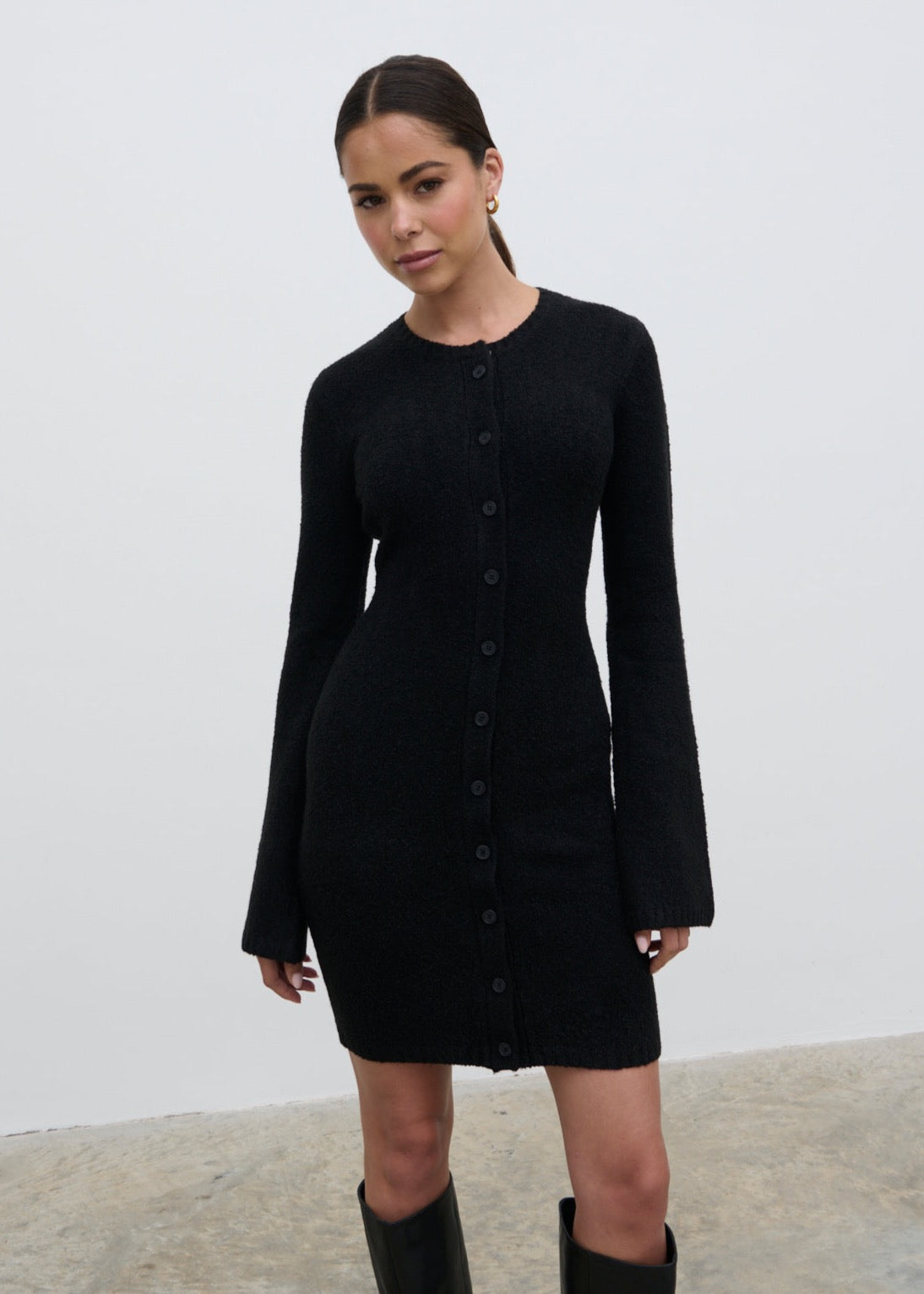 Aida Mini Button Down Knit Dress - Black