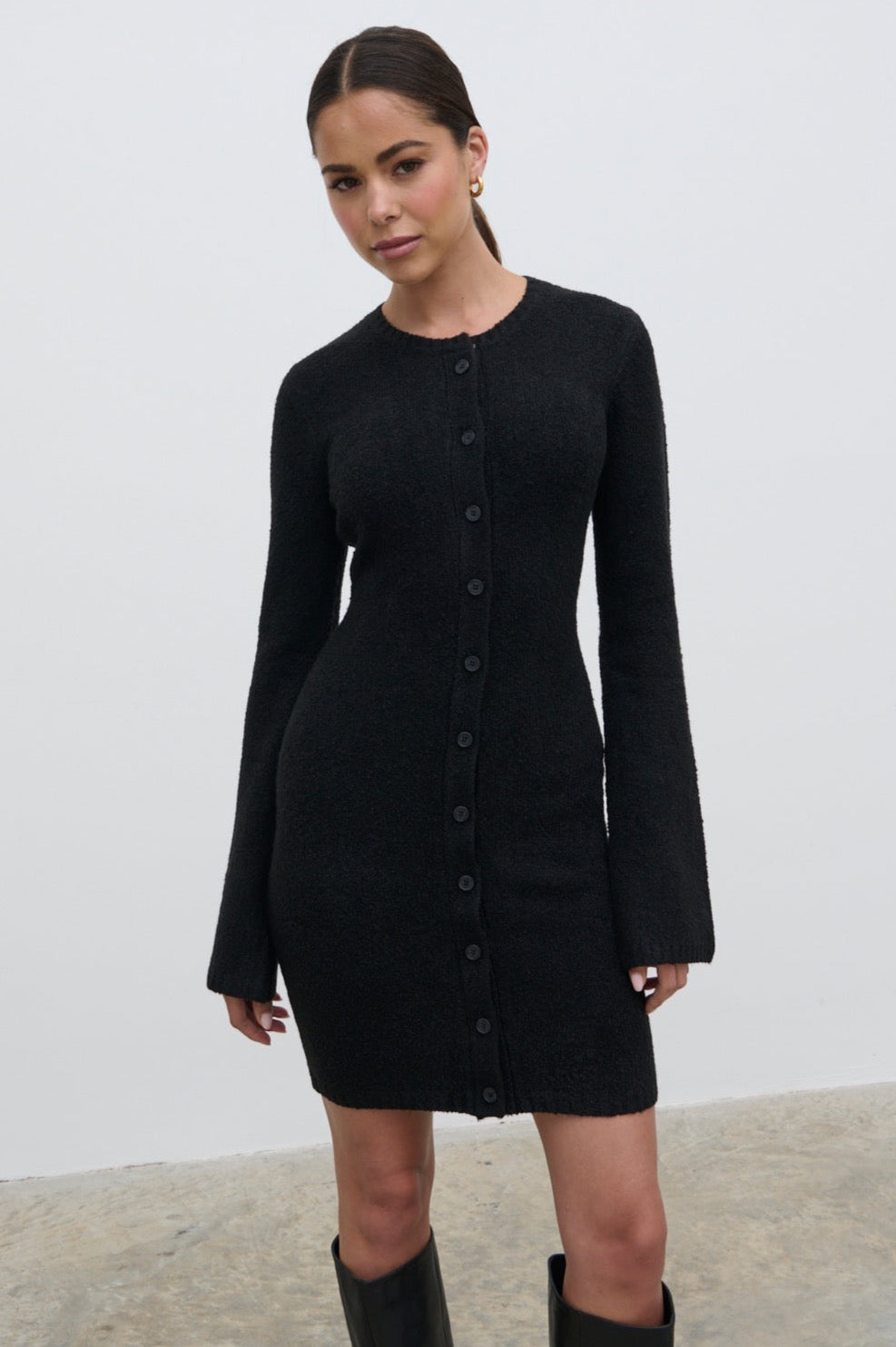 Aida Mini Button Down Knit Dress - Black